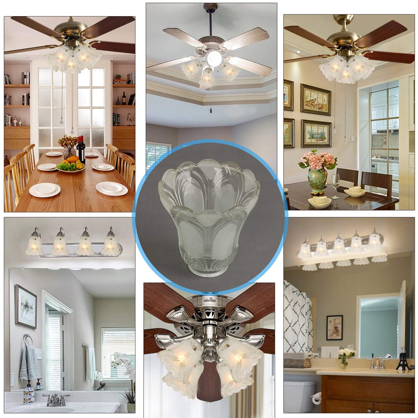 Anmire 4-Pack Frosted Glass Flower Shades, Bell-Shaped Replacement Globes for Chandelier, Ceiling Fan, Wall Sconce, 2-1/8" Fitter