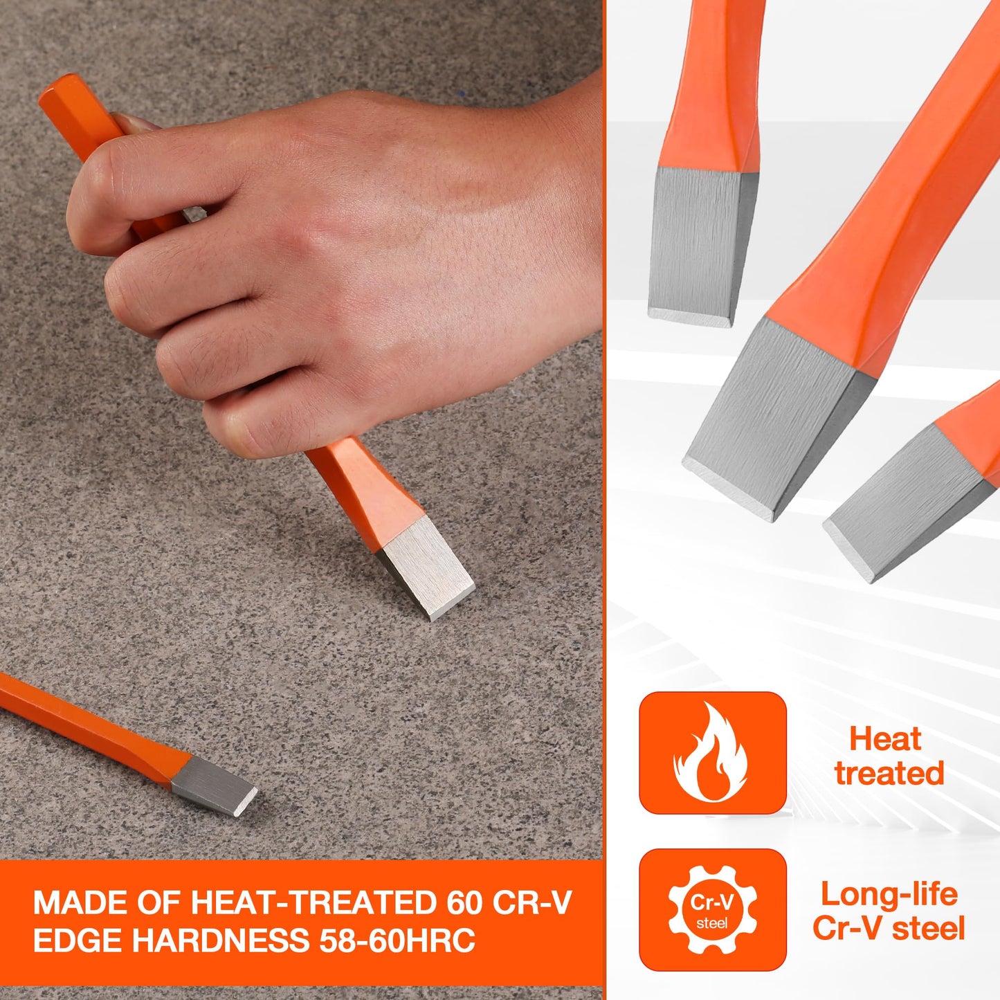 ValueMax 3-Piece Heavy Duty Cold Chisel Set, 3/8", 1/2" & 5/8", Cr-V Steel for Carpentry, Metalwork, Woodwork & Masonry