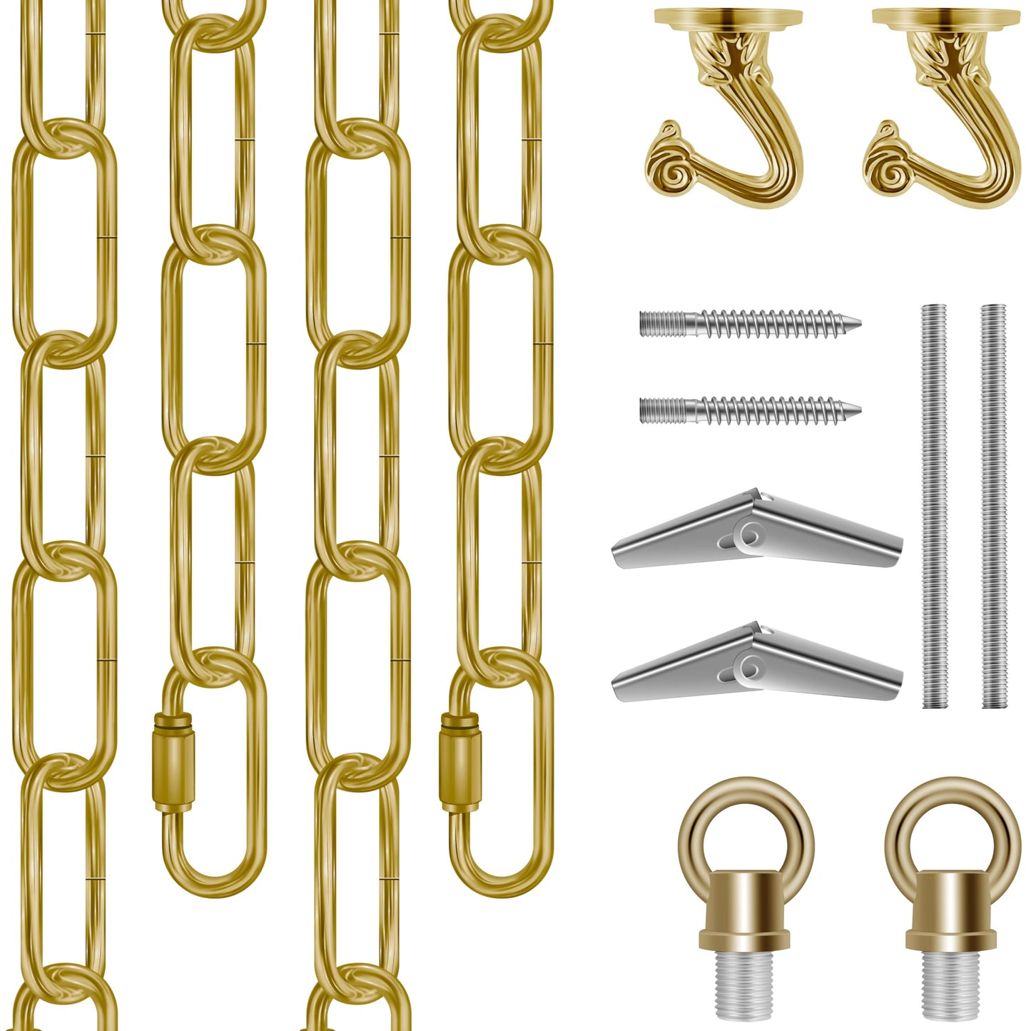 Omytie 15 Ft Heavy Duty Hanging Chain Kit with Locks & Swag Hooks for Chandelier, Pendant, Lantern, Plant, Bird Feeder – Brass