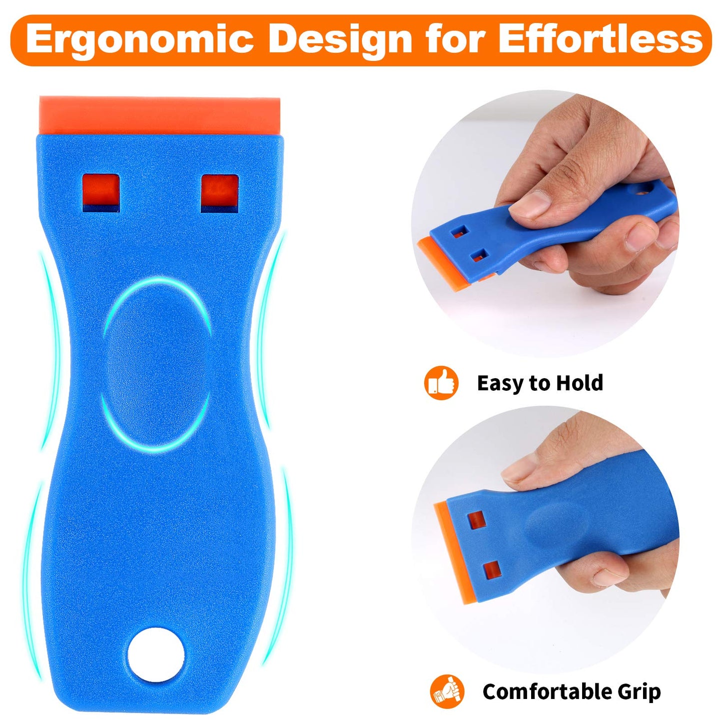 KUSUFEFI Plastic Razor Blade Scraper Set, 2PCS Scraper Tools with 60 Plastic Blades, Adhesive & Sticker Remover for Glass, Windows, Cars, No Scratches