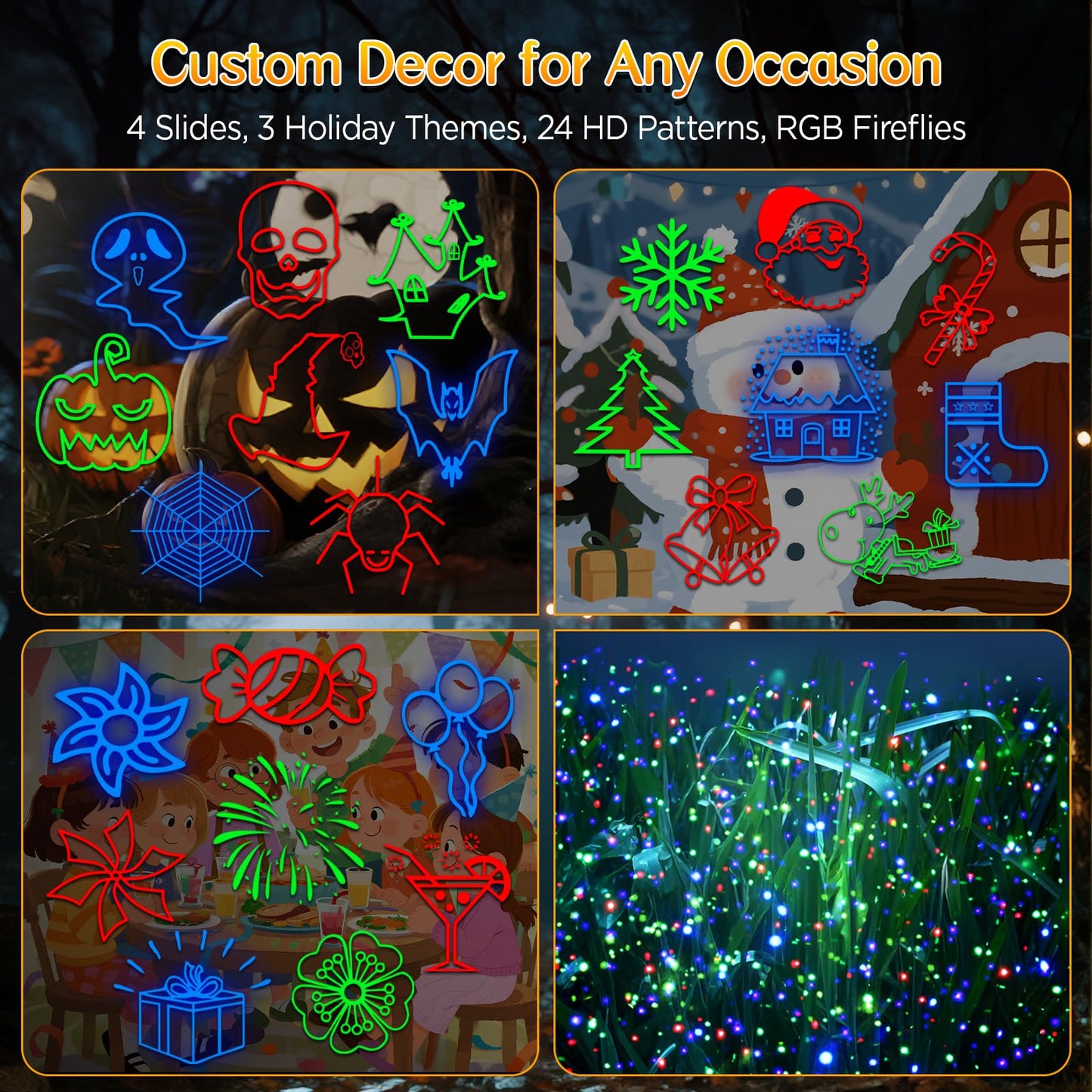 Christmas Lights Projector Outdoor, 2-in-1 Holiday Projector with 4 Slides & 8 HD RGB Moving Firefly Patterns for Yard & Garden