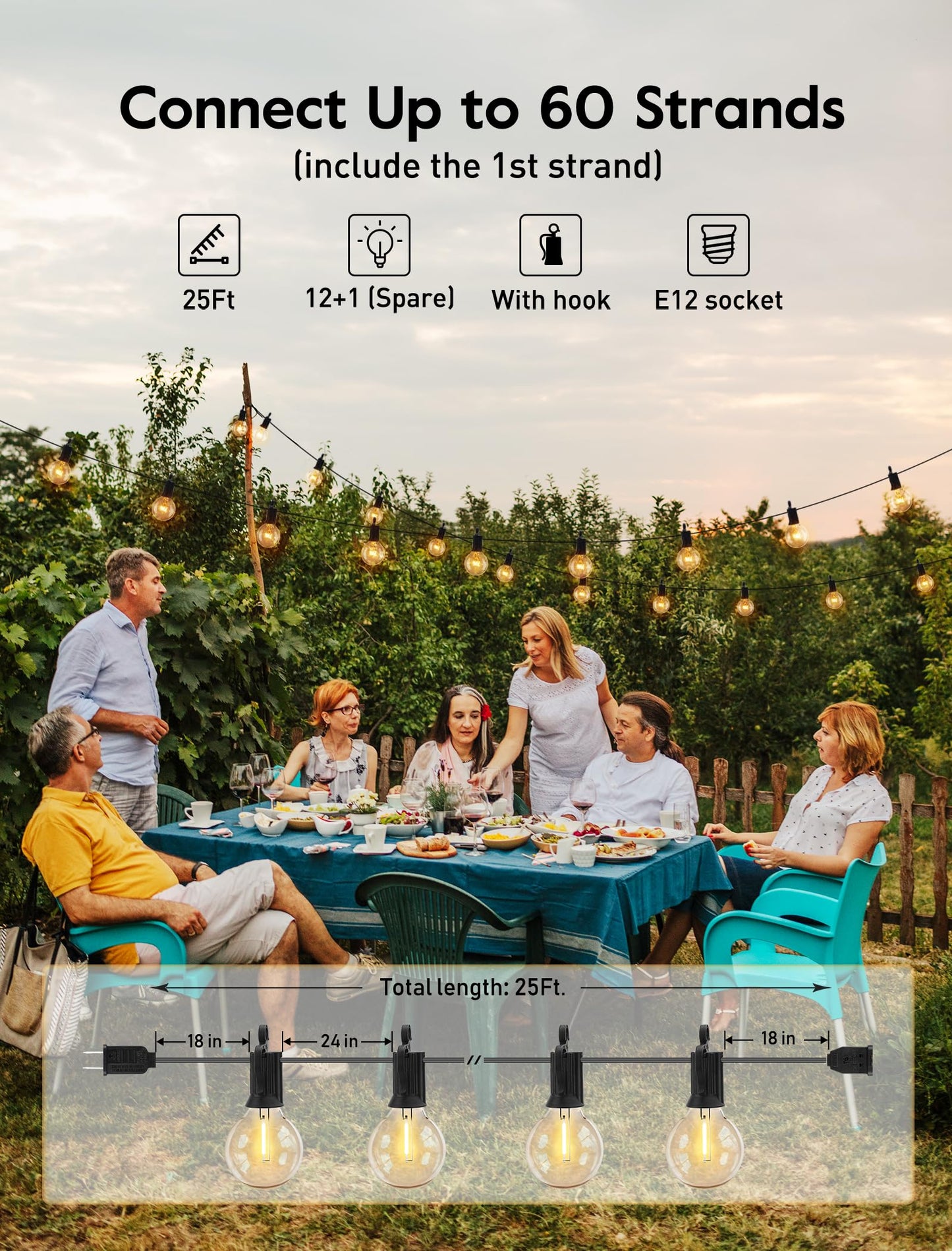 25ft Outdoor G40 LED String Lights, 13+1 Edison Bulbs, Waterproof, Plug-In, Connectable Patio, Backyard, Porch, Balcony Decor