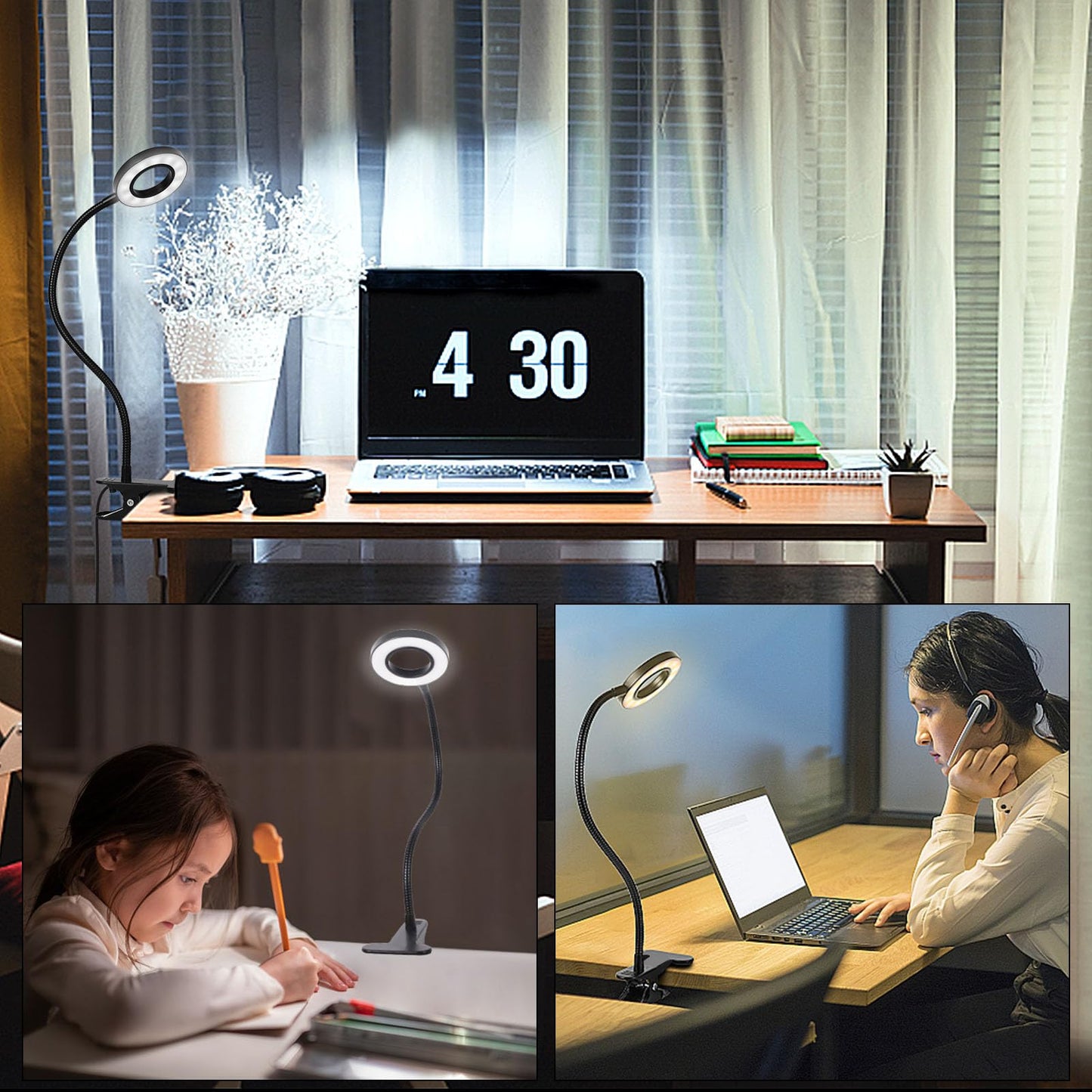 Woputne Desk Clip on Lamp for Reading Home Office, 10 Dimmable Brightness 3 Modes, Clamp Light for Bed Headboard