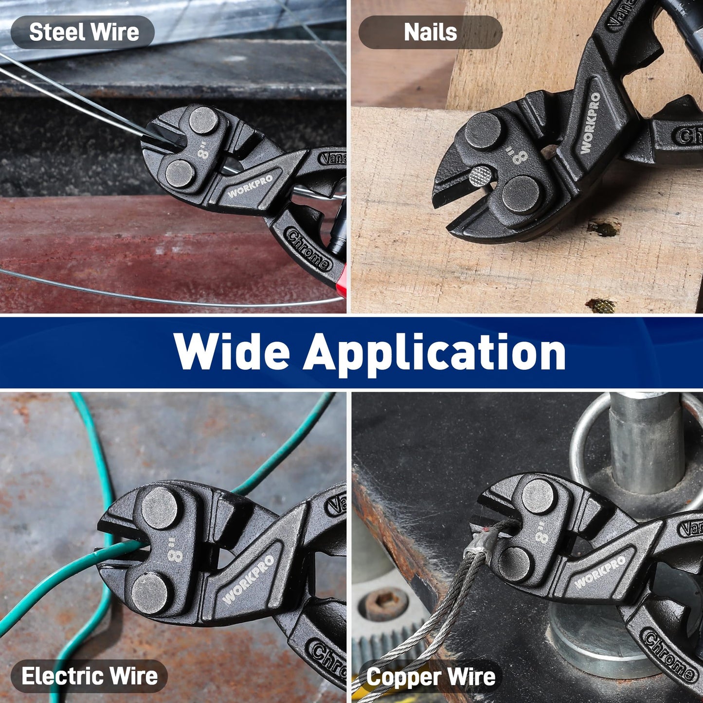 WORKPRO 8" Mini Bolt Cutter with Soft Grip, CR-V Steel Blade, Security Lock, Spring Action for Wires, Cables, Chains & Small Screws