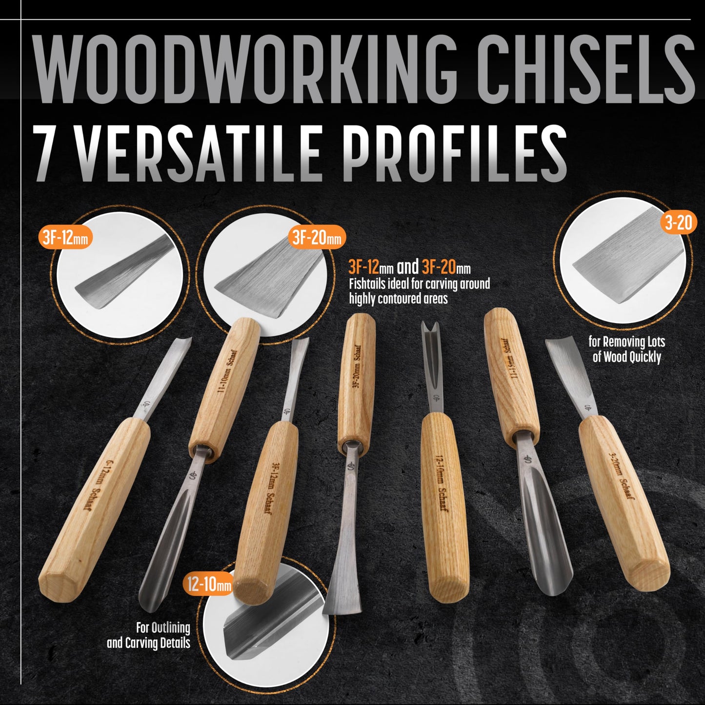 Schaaf 7-Piece Wood Carving Chisel & Gouge Set with Canvas Case, CR-V 60 Steel, Sharp Woodworking Tools for Beginners & Pros
