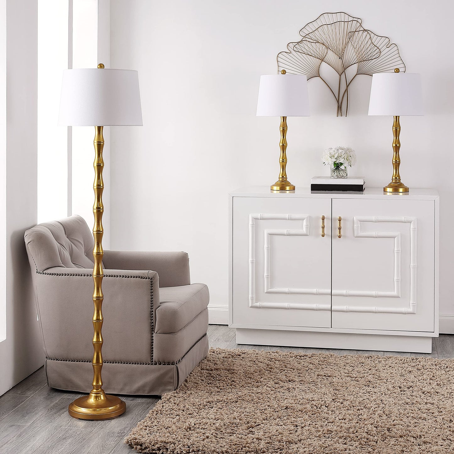 SAFAVIEH Lighting Collection Aurelia Contemporary Gold Floor & Table Lamp Set of 3 (LED Bulbs Included)