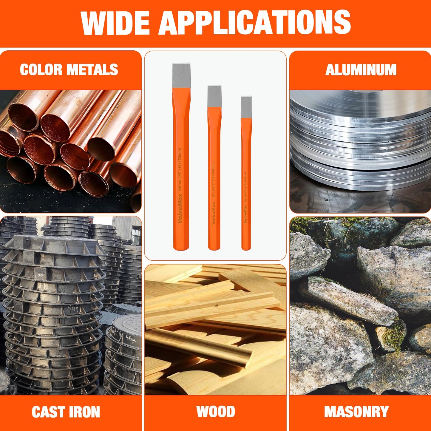 ValueMax 3-Piece Heavy Duty Cold Chisel Set, 3/8", 1/2" & 5/8", Cr-V Steel for Carpentry, Metalwork, Woodwork & Masonry