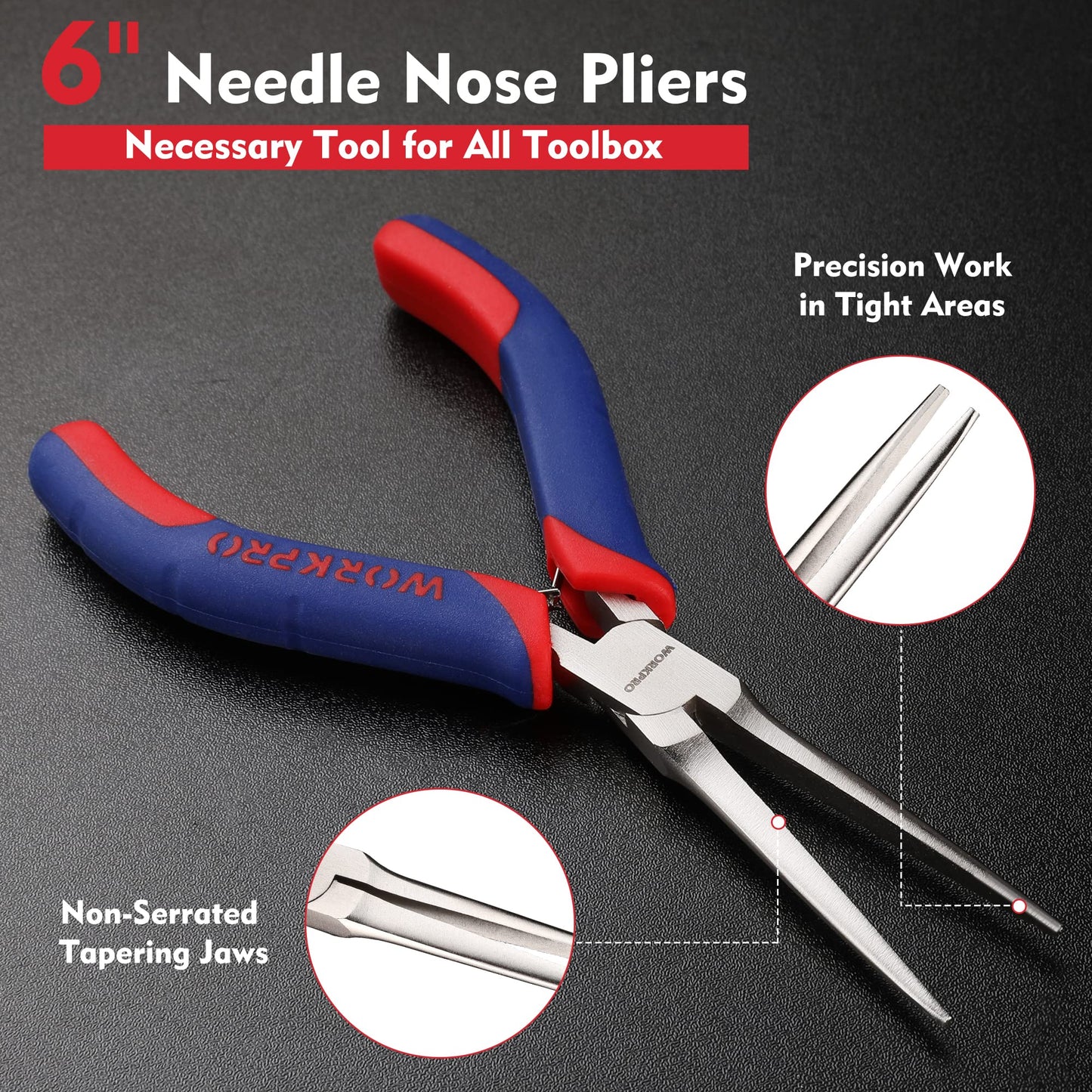 WORKPRO 6-Inch Needle Nose Pliers, Smooth Jaw Mini Long Nose with Comfort Grip Handles for Jewelry, Wire Wrapping & Crafts