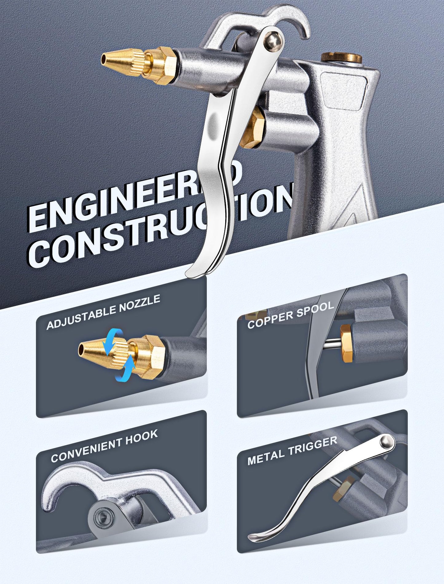 JASTIND Industrial Air Blow Gun with Brass Adjustable Nozzle & 2 Steel Extensions, Pneumatic Compressor Tool for Dust Cleaning
