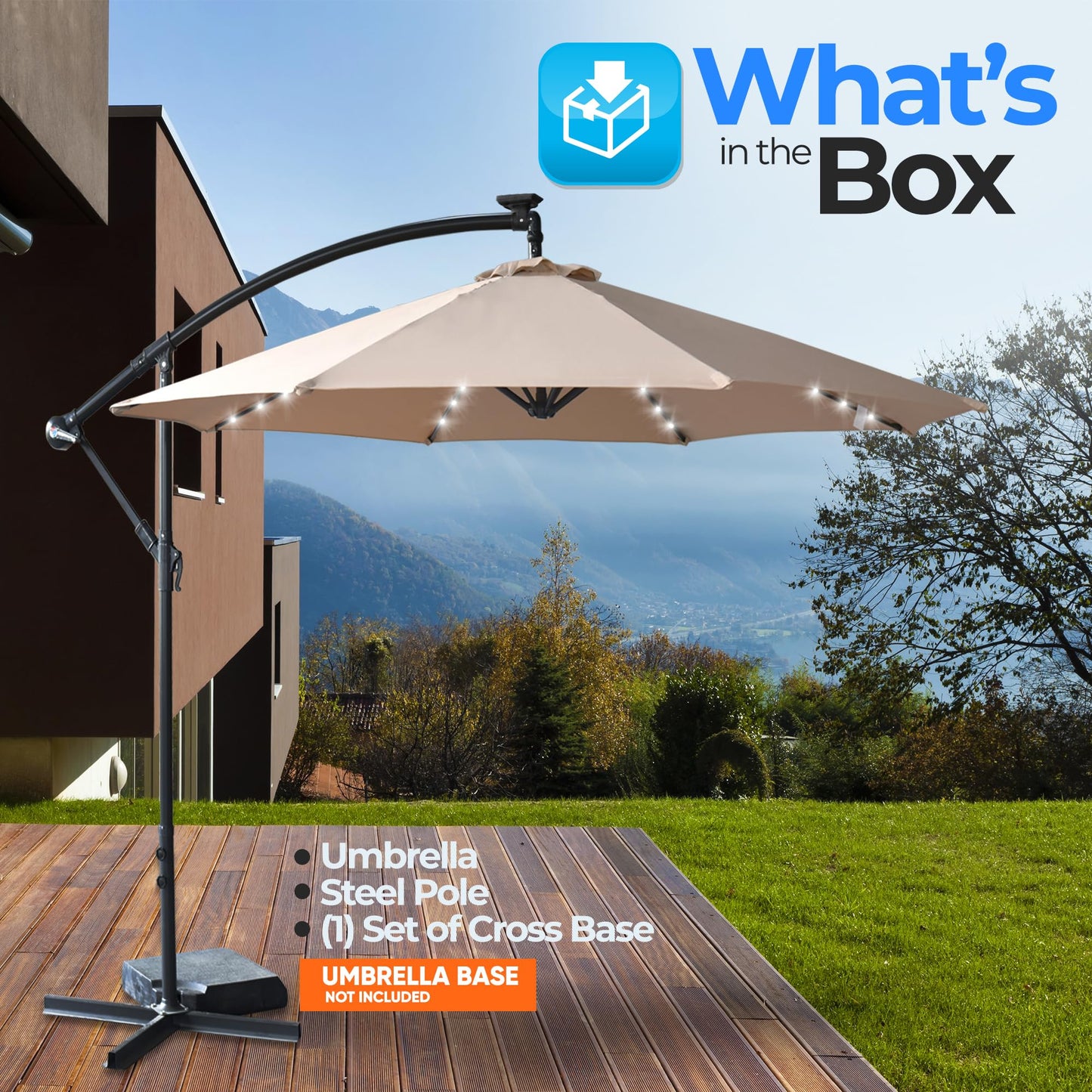SereneLife 10ft Patio Umbrella with Solar LED Lights, Push Button Tilt, Easy Crank, 6-Rib Outdoor Umbrella with Cross Base