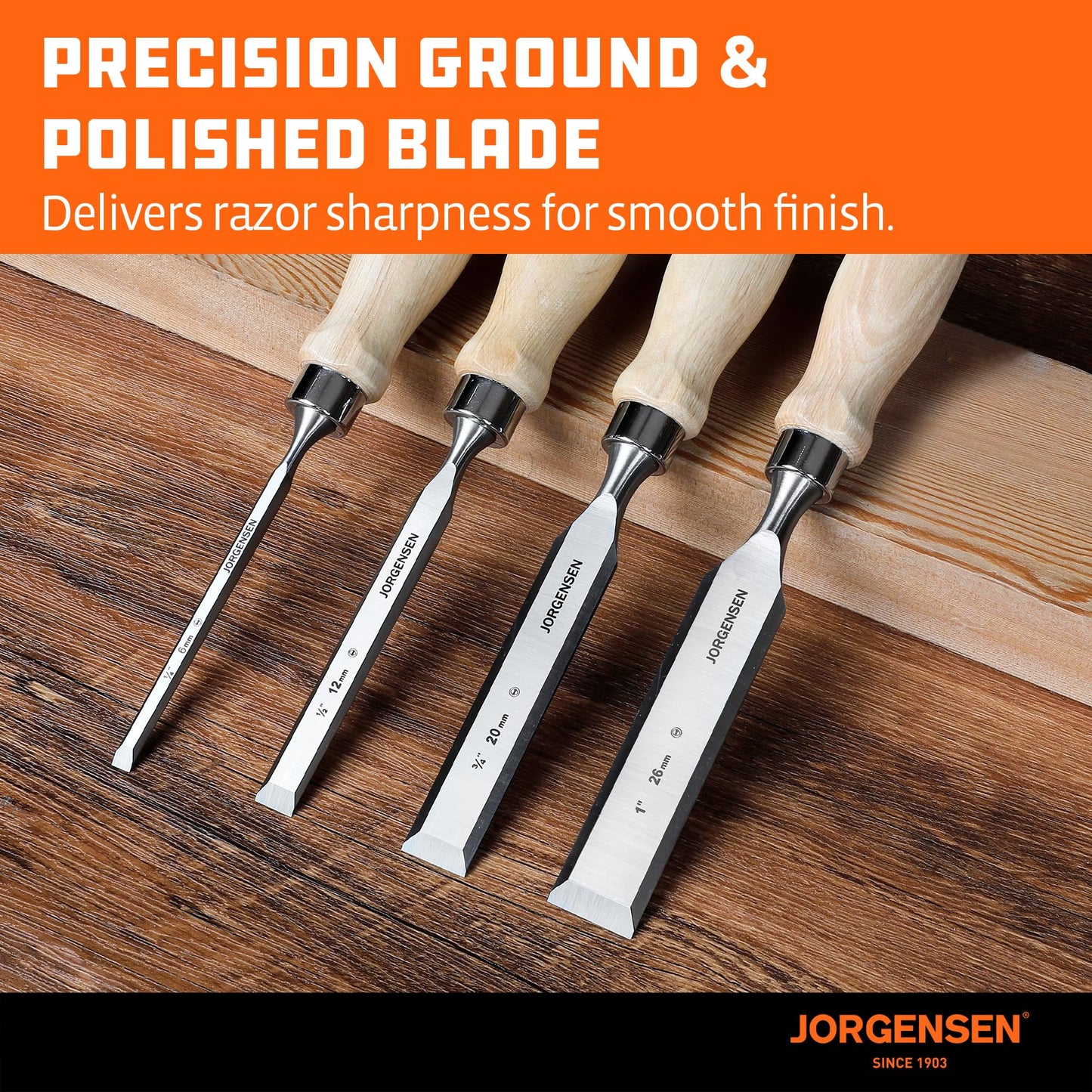 JORGENSEN 4-Piece Wood Chisel Set, Chromium Alloy Steel Beveled Edge, Ergonomic Hardwood Handles, 1/4–1 in
