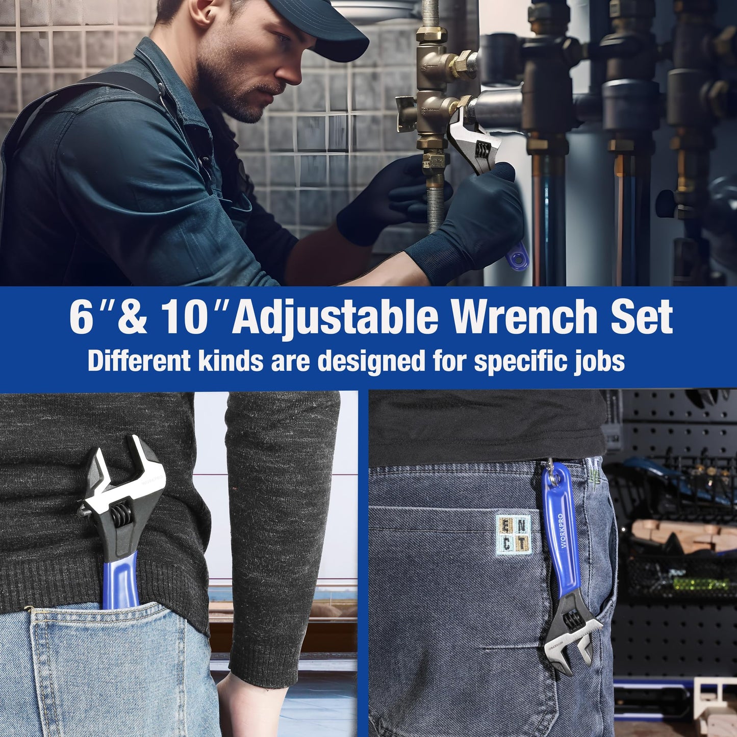 WORKPRO 2-Piece Adjustable Wrench Set, 6" & 10" Black Oxide Cr-V Steel, Metric & SAE, Max Jaw 15/16" & 1-5/16", Home & Garage Use