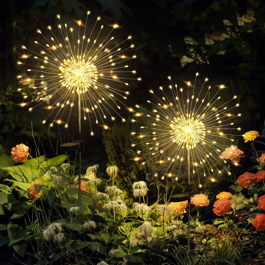 GIGALUMI Solar Garden Lights 2-Pack, 120 LED Warm White Firework Fairy Lights for Outdoor Yard Pathway Patio Christmas Decor