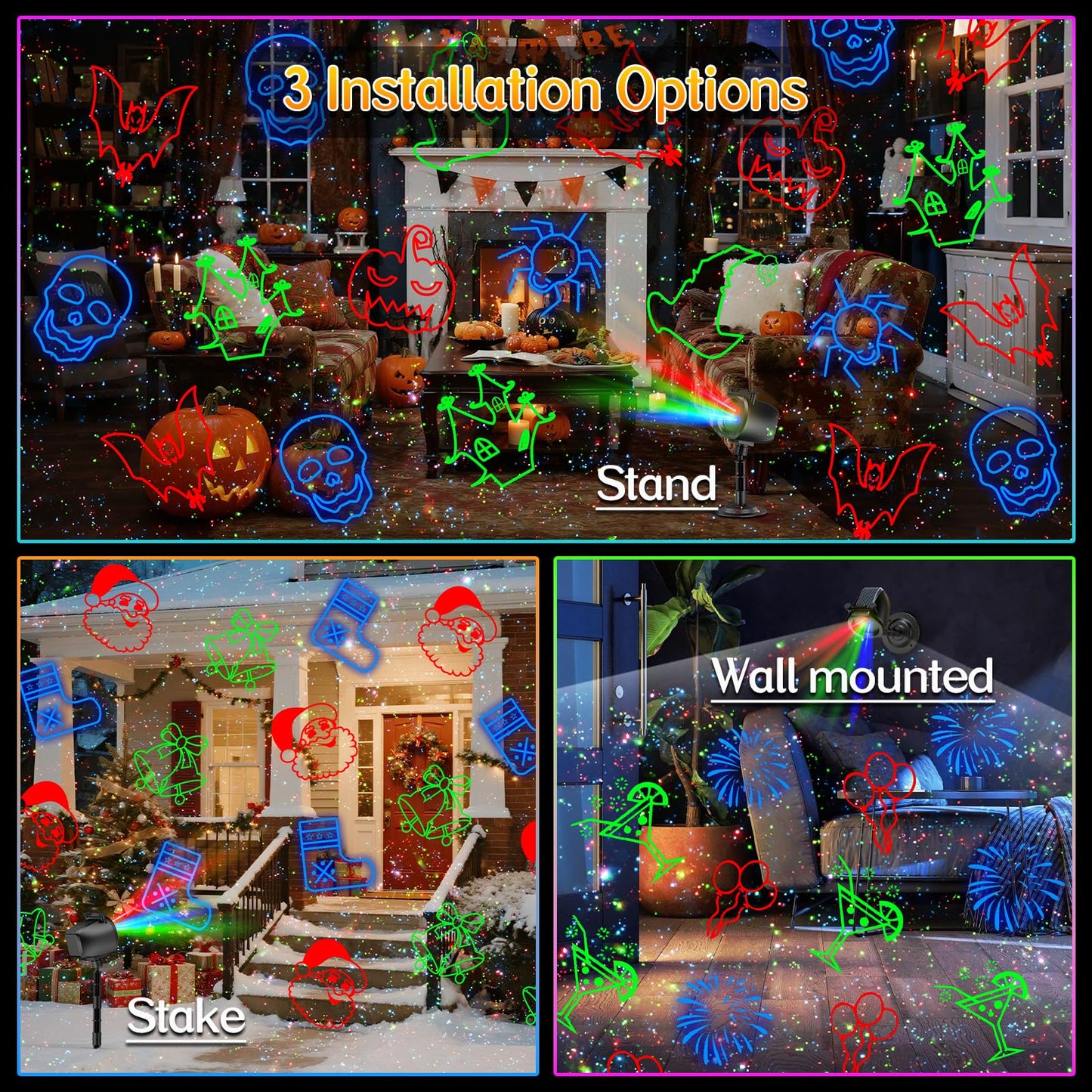 Christmas Lights Projector Outdoor, 2-in-1 Holiday Projector with 4 Slides & 8 HD RGB Moving Firefly Patterns for Yard & Garden