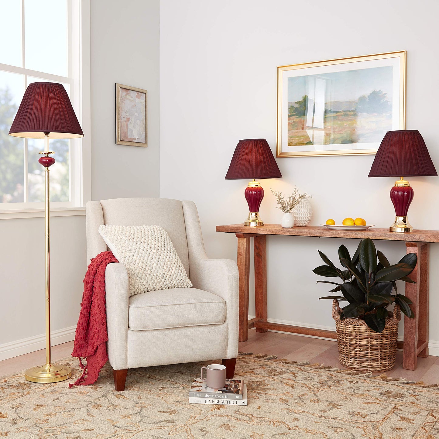 Ore International K-4101BD-31 Ceramic/Brass Table Plus Floor Lamp, Burgundy, Set of 3