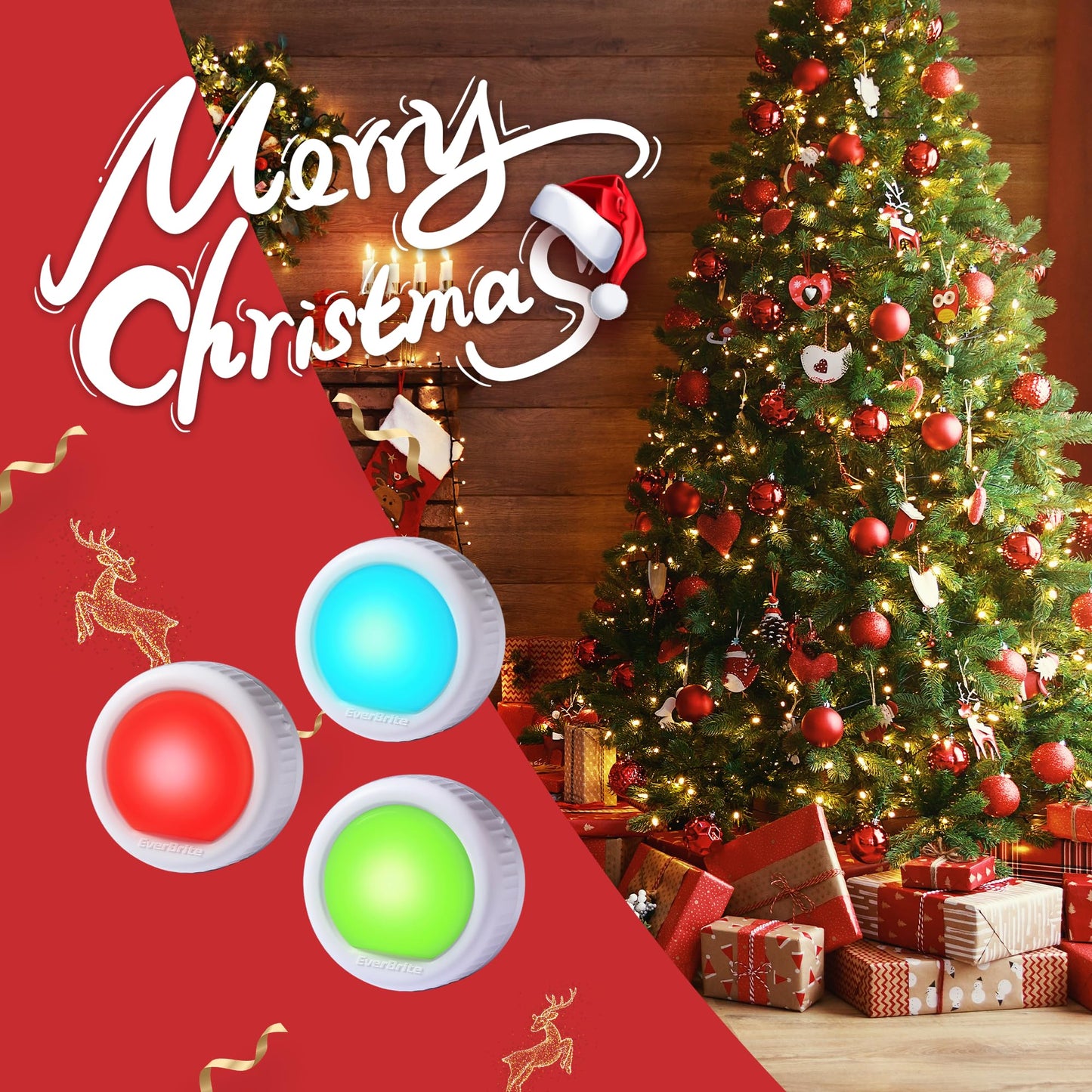 EverBrite 3-Pack LED Tap Lights, 12 RGB Colors, Wireless Push Puck Lights for Closet, Bedroom, Wall, Night Light, 9 AAA Batteries