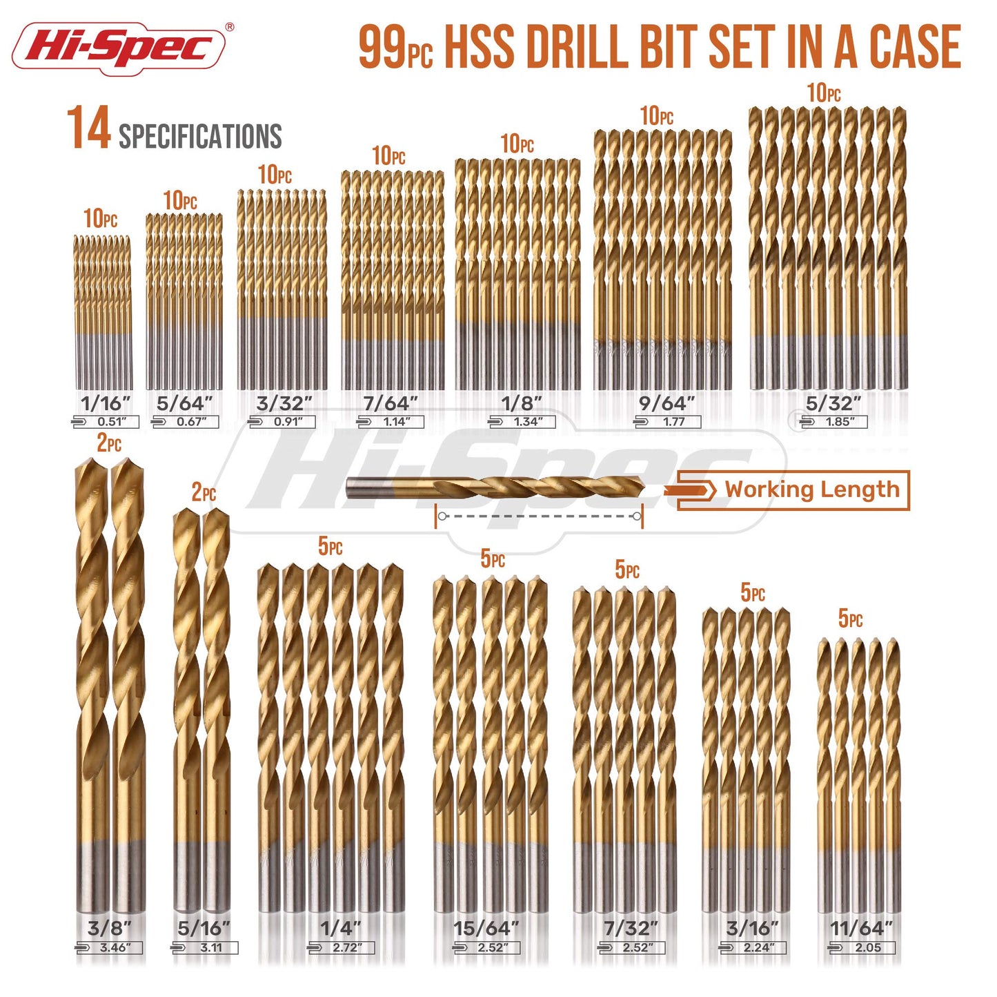 Hi-Spec Tools 99pc HSS Drill Bit Set SAE 1/16–3/8" for Metal, Wood, Plastic & Drywall with Storage Case