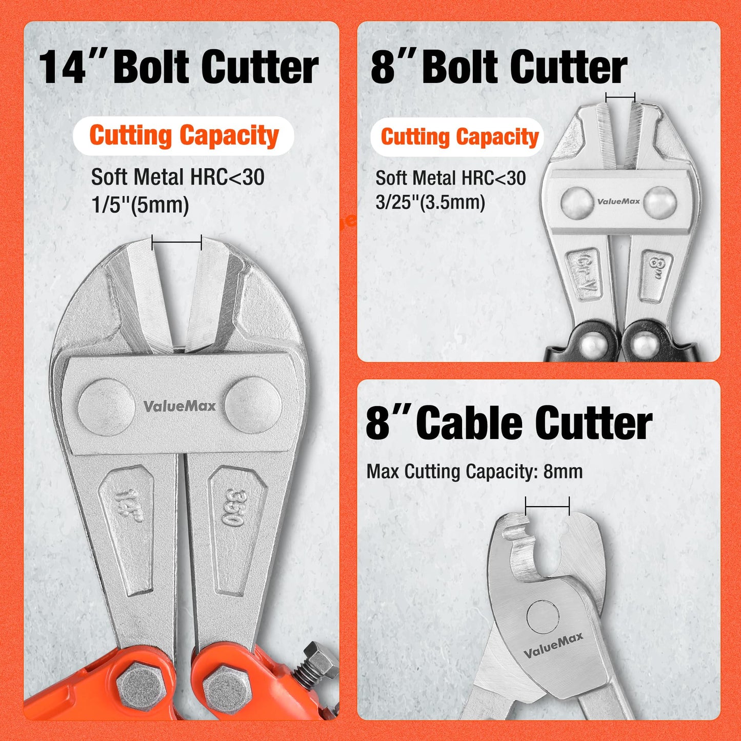 ValueMax Bolt Cutter Set, 3-Piece Heavy Duty, 14" and Mini 8" Cutters, 8" Cable Cutter With Carrying Bag for Locks, Steel Wire, Barbed Wire, Chains