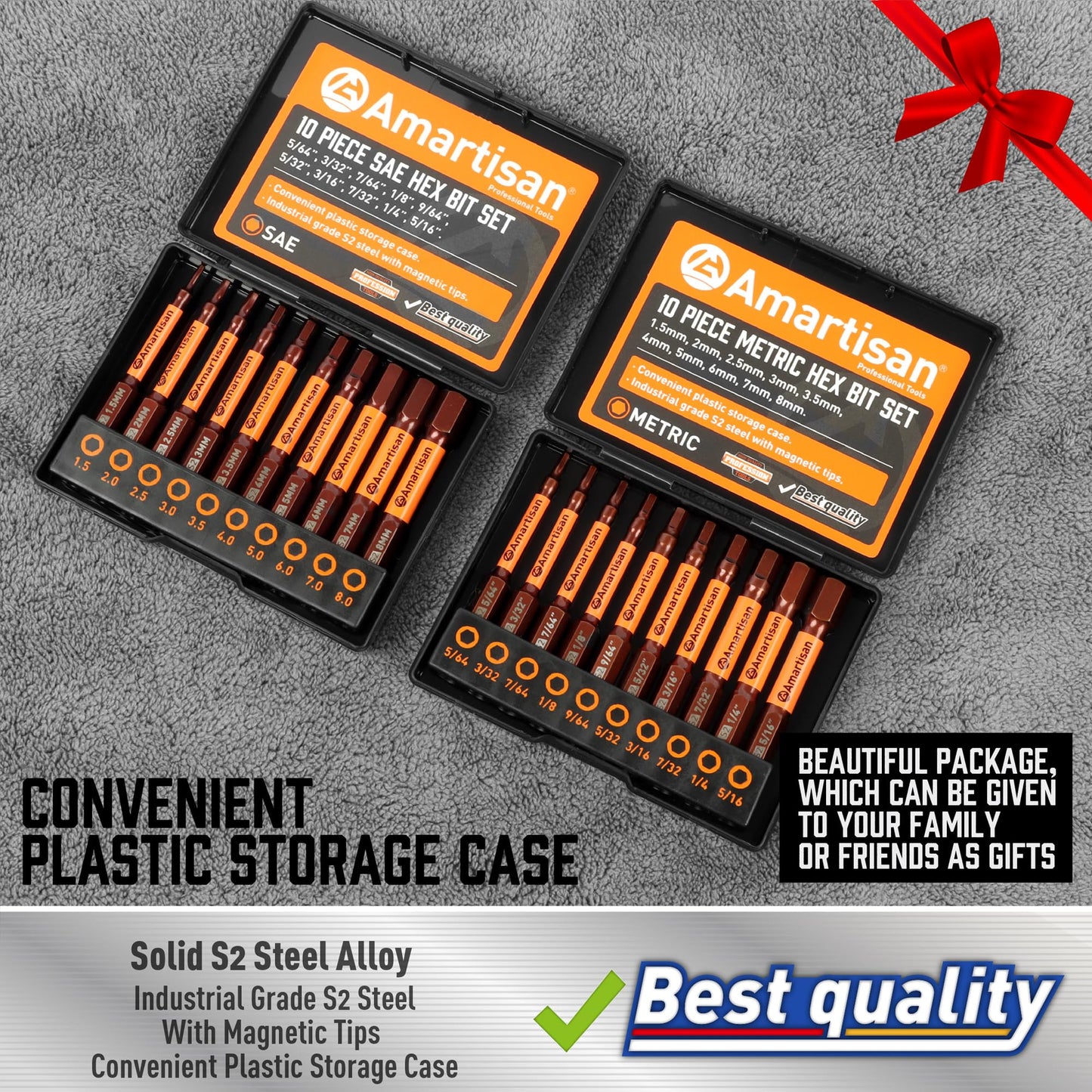 Amartisan 20-Piece Hex Head Allen Wrench Drill Bit Set, Metric and SAE S2 Steel Hex Bits Set, Magnetic Tips, 2.3" Long With Storage box.