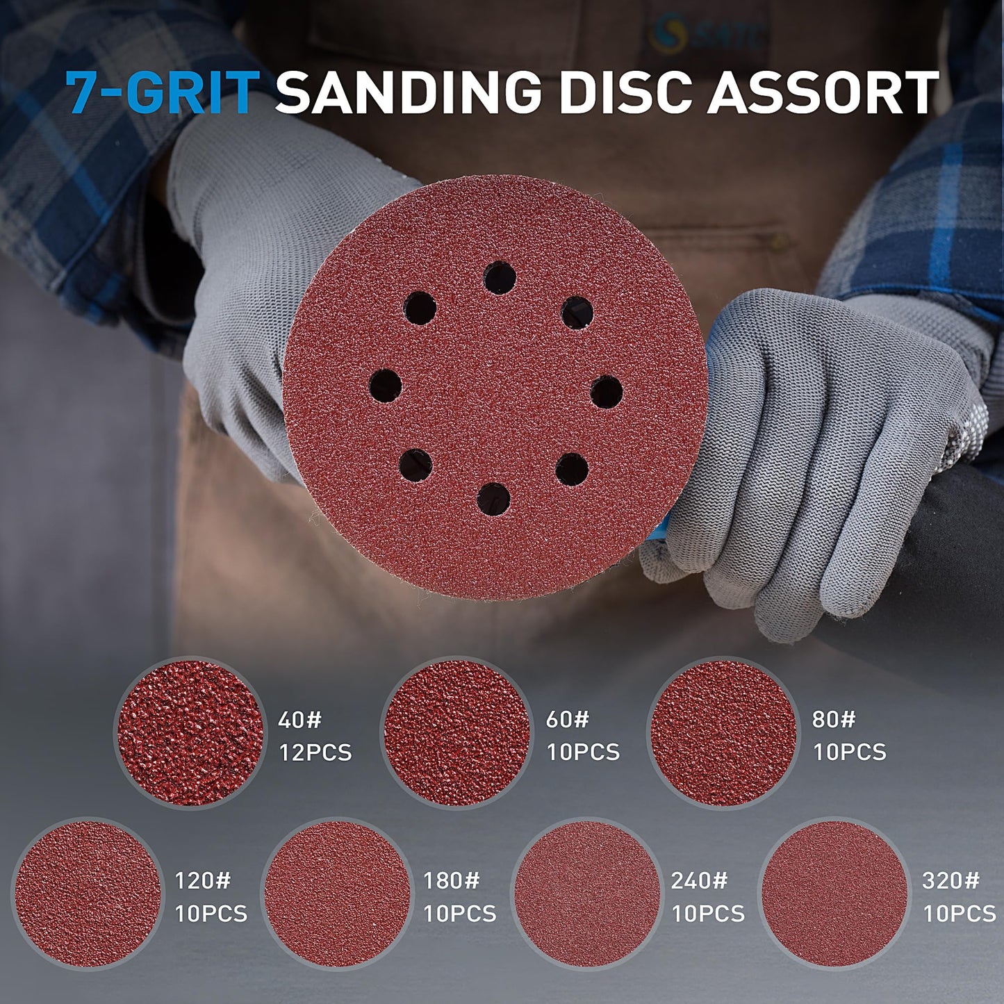 S SATC 72 PCS 5 Inch 8 Hole Hook and Loop Adhesive Sanding Discs Sandpaper for Random Orbital Sander 40 60 80 120 180 240 320 Grits