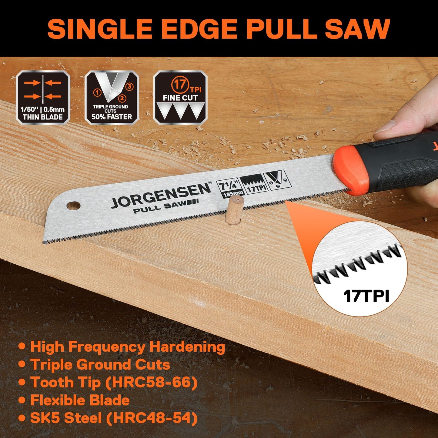 JORGENSEN Japanese Pull Saw 7.25" 17-TPI SK5 Flexible Blade, Flush Cut Hand Saw with Soft Grip for Precise Woodworking