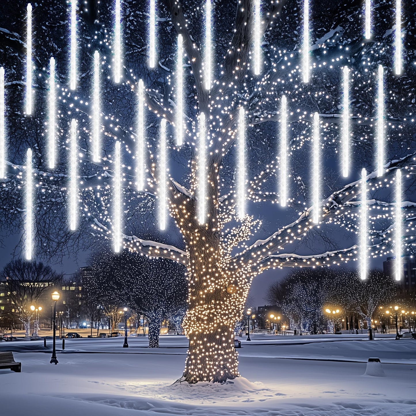 Dazzle Bright 864 LED Meteor Shower Rain Lights, 24 Tubes 11.8", Waterproof Falling Rain Xmas Lights for Tree, Yard, Party (White)