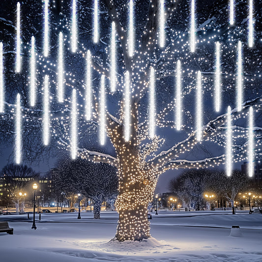 Dazzle Bright 864 LED Meteor Shower Rain Lights, 24 Tubes 11.8", Waterproof Falling Rain Xmas Lights for Tree, Yard, Party (White)