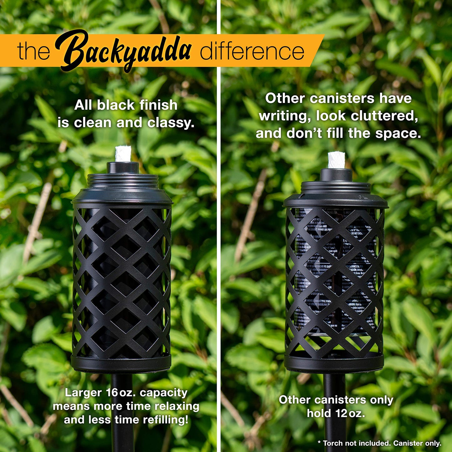 Backyadda Torch Replacement Canisters (16 oz). Compatible with Tiki Torches. Easy Fill Opening. 4-Pack Standard Metal (Without Caps)
