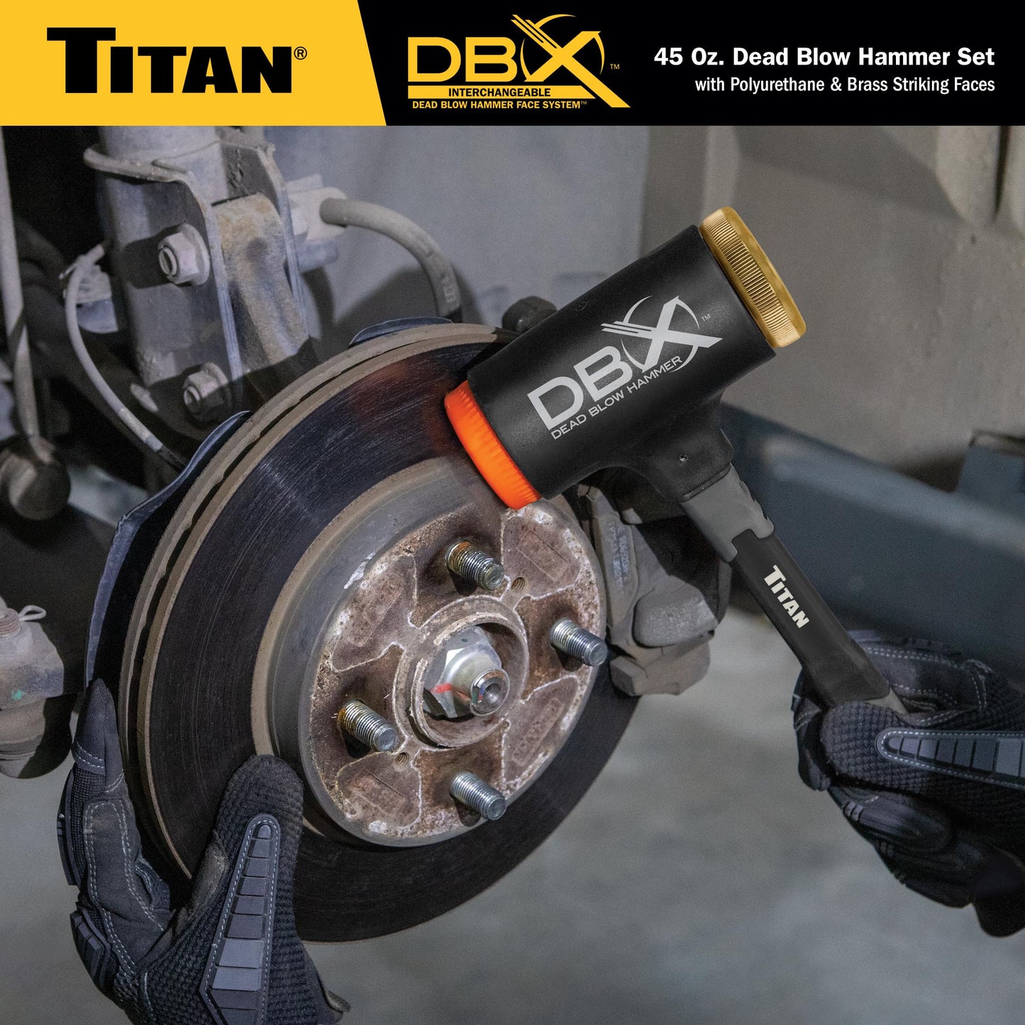 Titan DBX 63647 45oz Dead Blow Hammer – Interchangeable Polyurethane & Brass Faces, Rebound Resistant, 15" Shock-Absorbing Fiberglass Handle