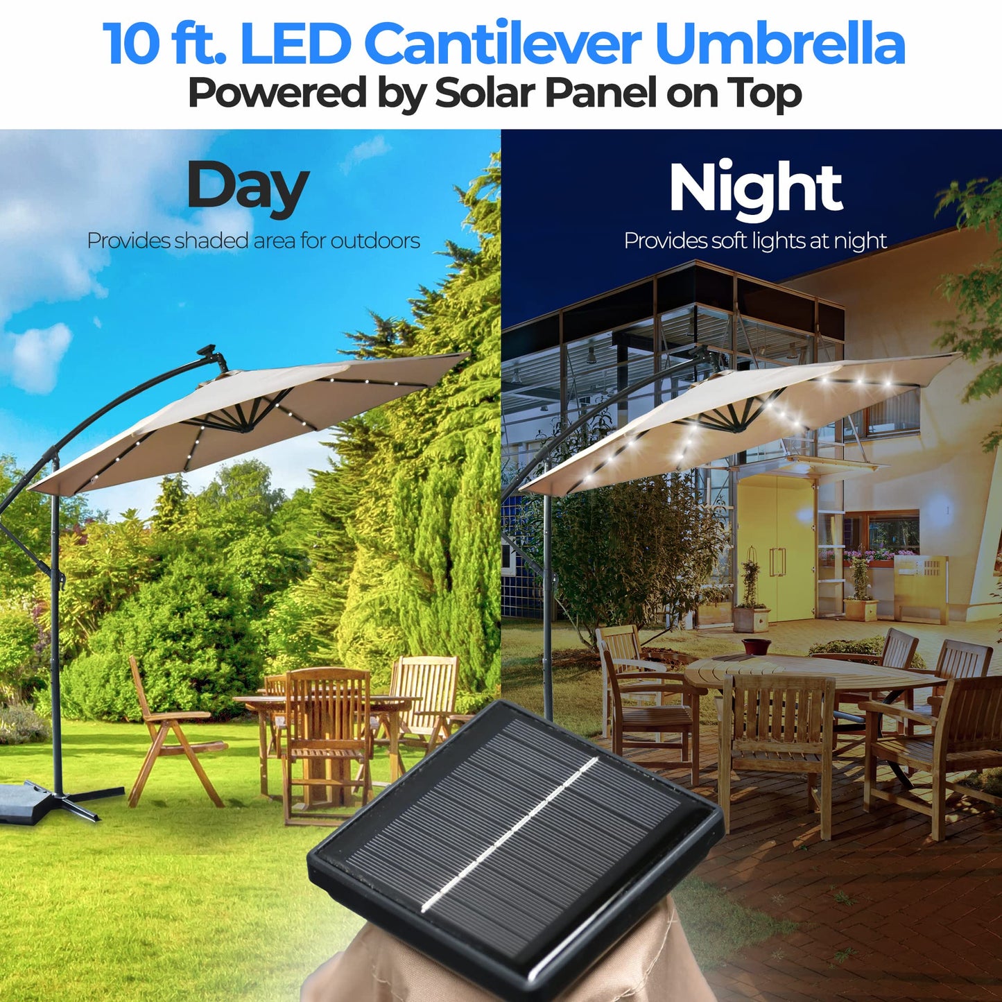 SereneLife 10ft Patio Umbrella with Solar LED Lights, Push Button Tilt, Easy Crank, 6-Rib Outdoor Umbrella with Cross Base