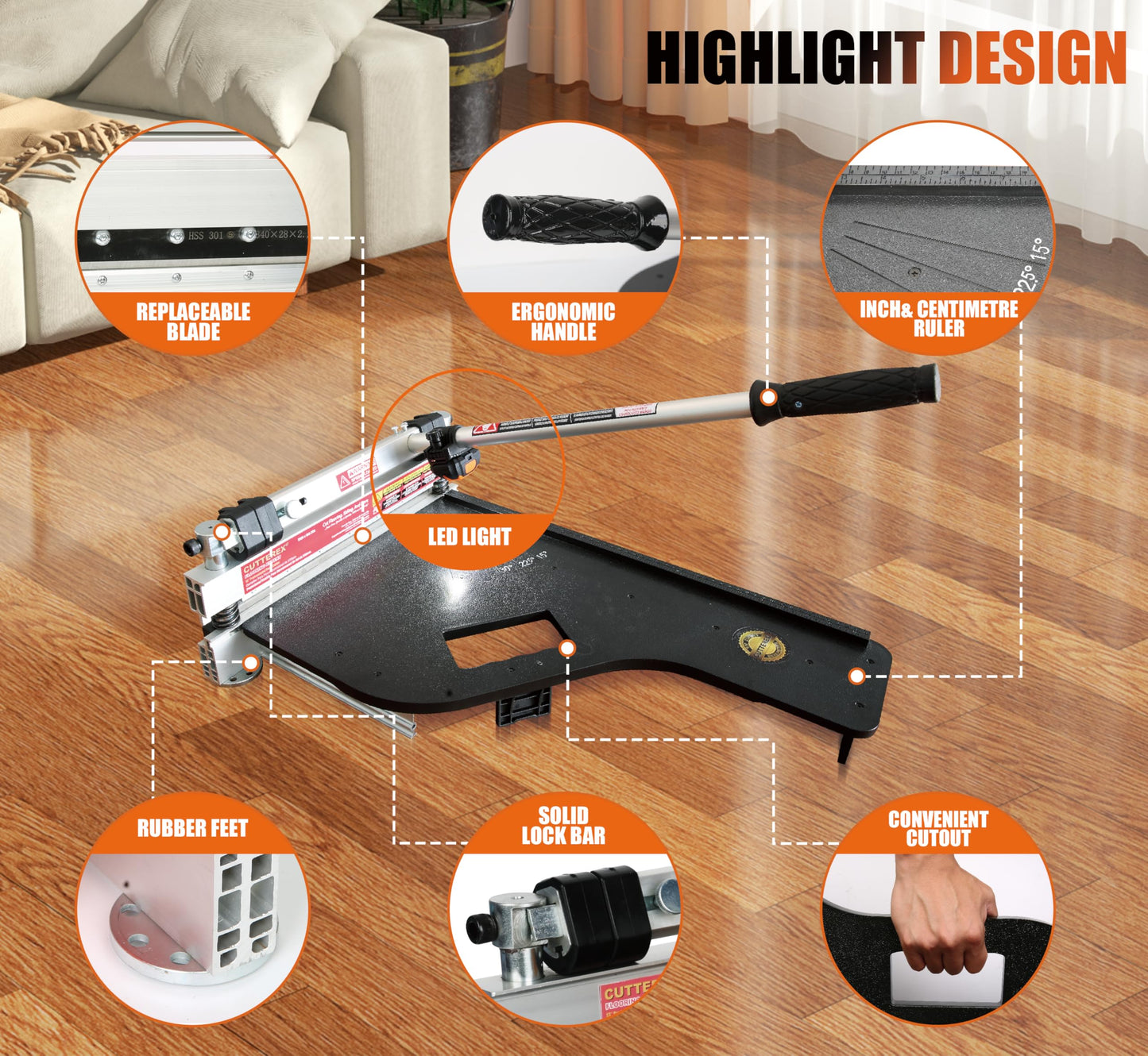 13" Laminate & Vinyl Floor Cutter with Wheels – Easy Angle & Length Cuts, Flooring Tool for LVP, LVT, SPC, WPC, VCT, HSS Blade & LED