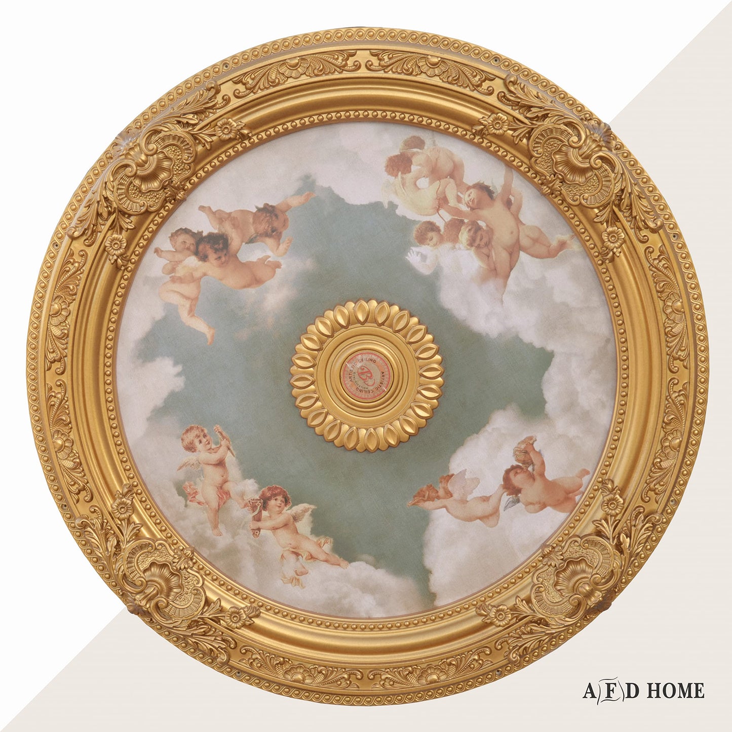 AFD Home Antique Cherubs Ceiling Medallion, Sky Blue & Gold Trim Round Chandelier Plate, 36” Decorative Polystyrene Ceiling Molding