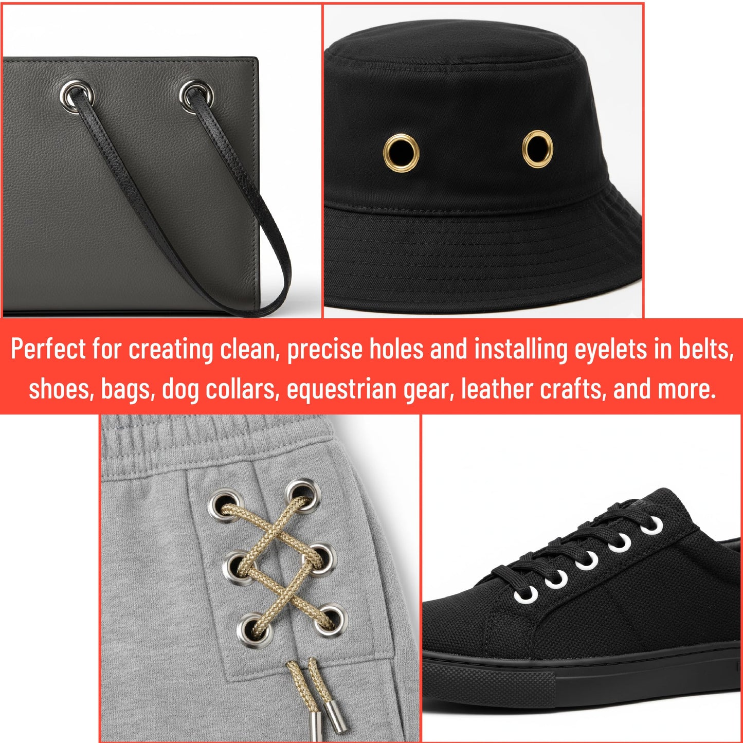 UNCO Leather Hole Punch Set with Red Handle, Multi Sizes, Belt & Leather Puncher for Belts, Straps, Shoes, Canvas, DIY + 100 Grommets