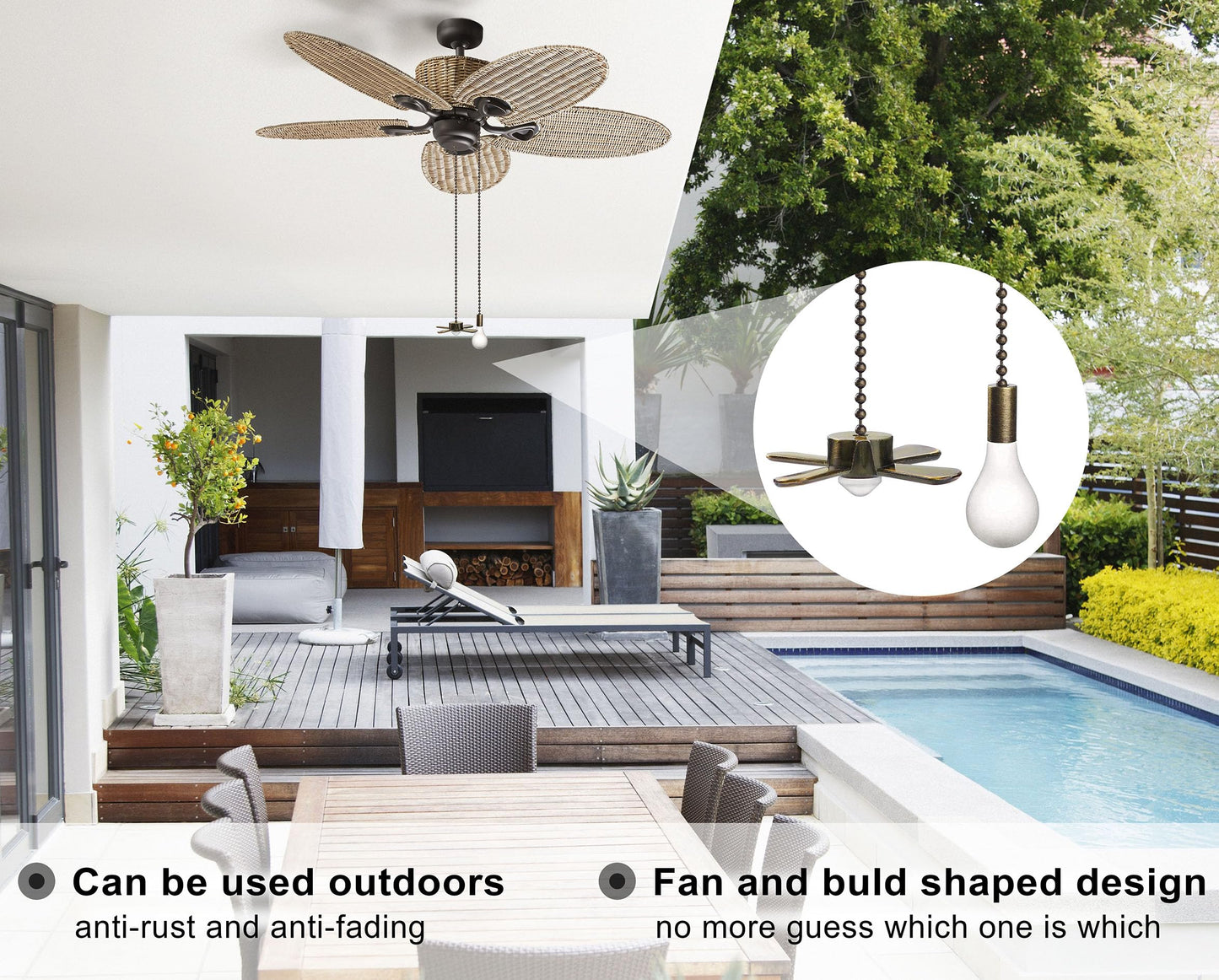 Ceiling Fan Pull Chain, Fan Pulls Set with Connector, 2 PCS 12 Inches Beaded Ball Fan Pull Chain -Bronze