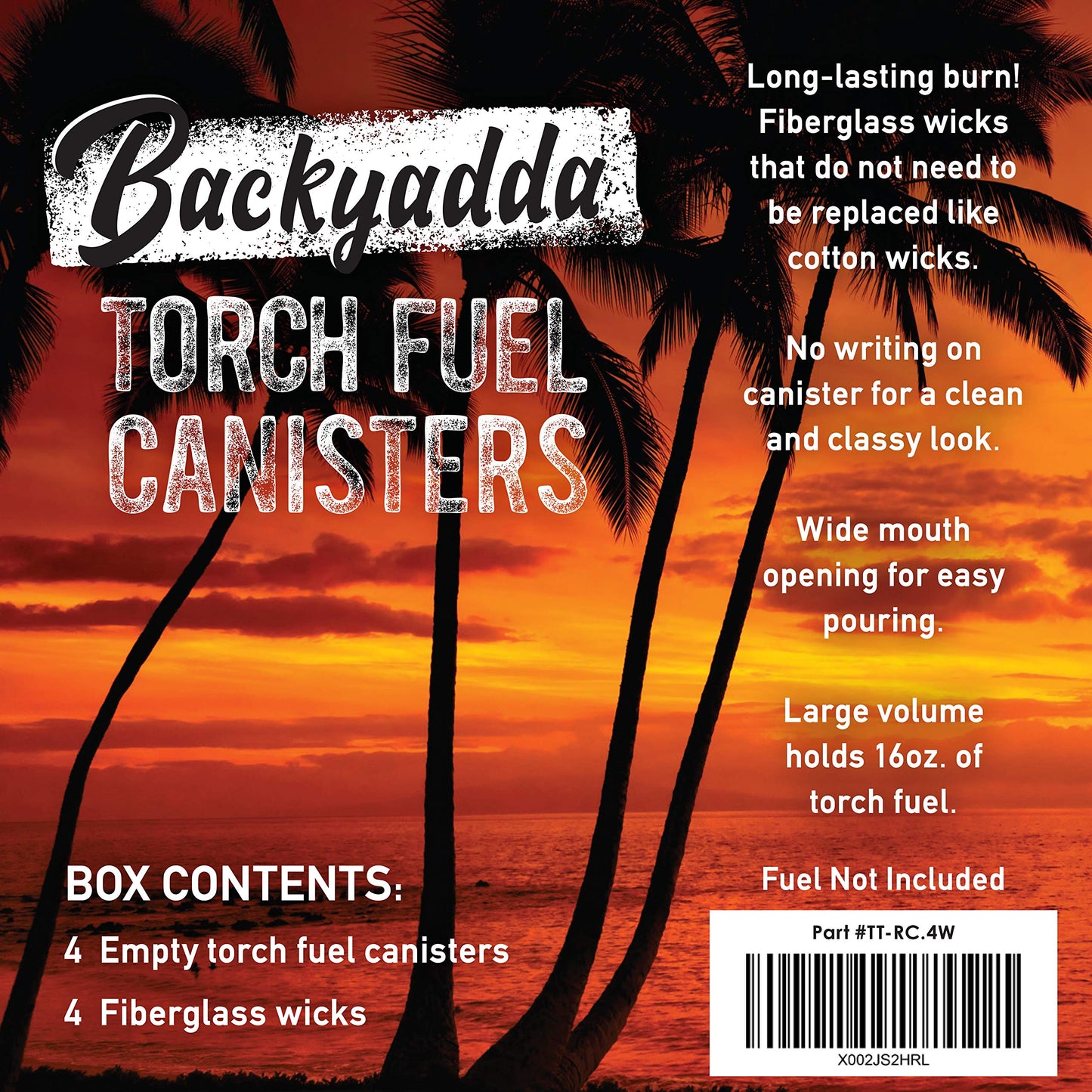 Backyadda Torch Replacement Canisters (16 oz). Compatible with Tiki Torches. Easy Fill Opening. 4-Pack Standard Metal (Without Caps)