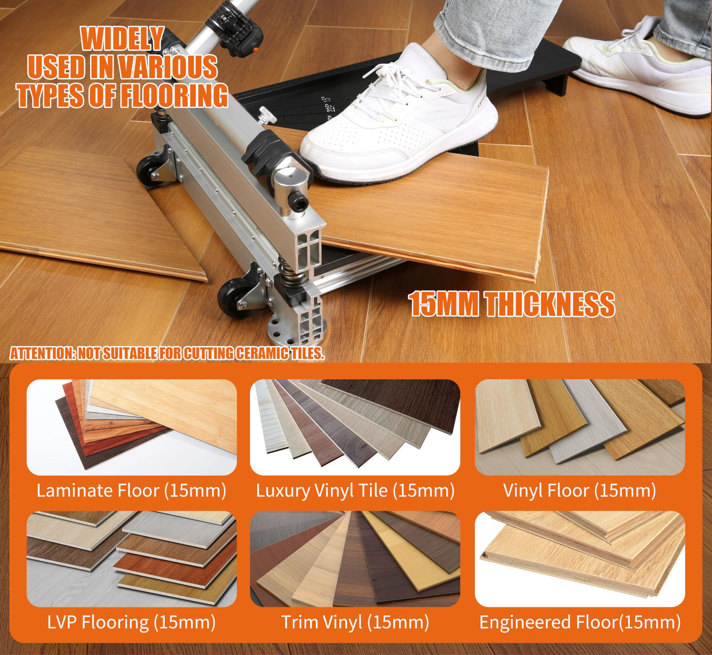 13" Laminate & Vinyl Floor Cutter with Wheels – Easy Angle & Length Cuts, Flooring Tool for LVP, LVT, SPC, WPC, VCT, HSS Blade & LED