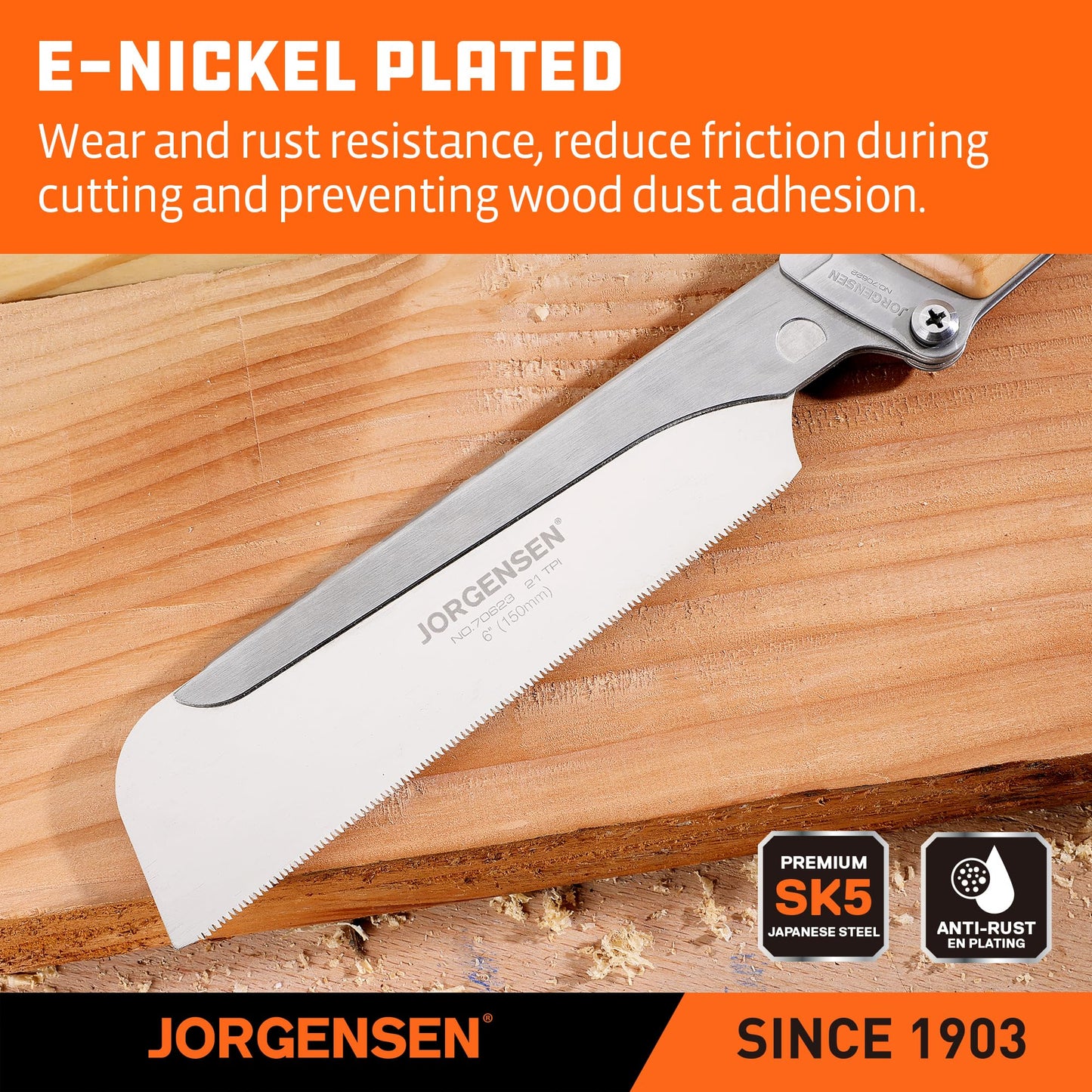 JORGENSEN 6" Japanese Pull Saw, Pro Folding Dovetail Handsaw with Beech Handle, SK5 Steel, Tool-Free Blade Change, 21TPI Woodworking