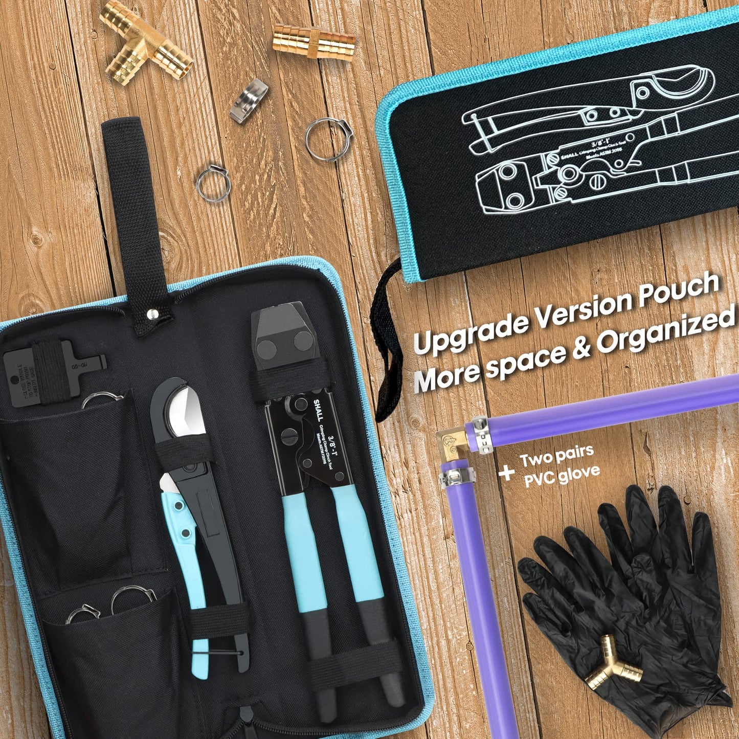 SHALL PEX Crimping & Cinch Tool Kit with Pipe Cutter, 3/8"-1" Stainless Steel Clamps, 30pcs Clamps & Storage Bag, ASTM F2098 Compliant