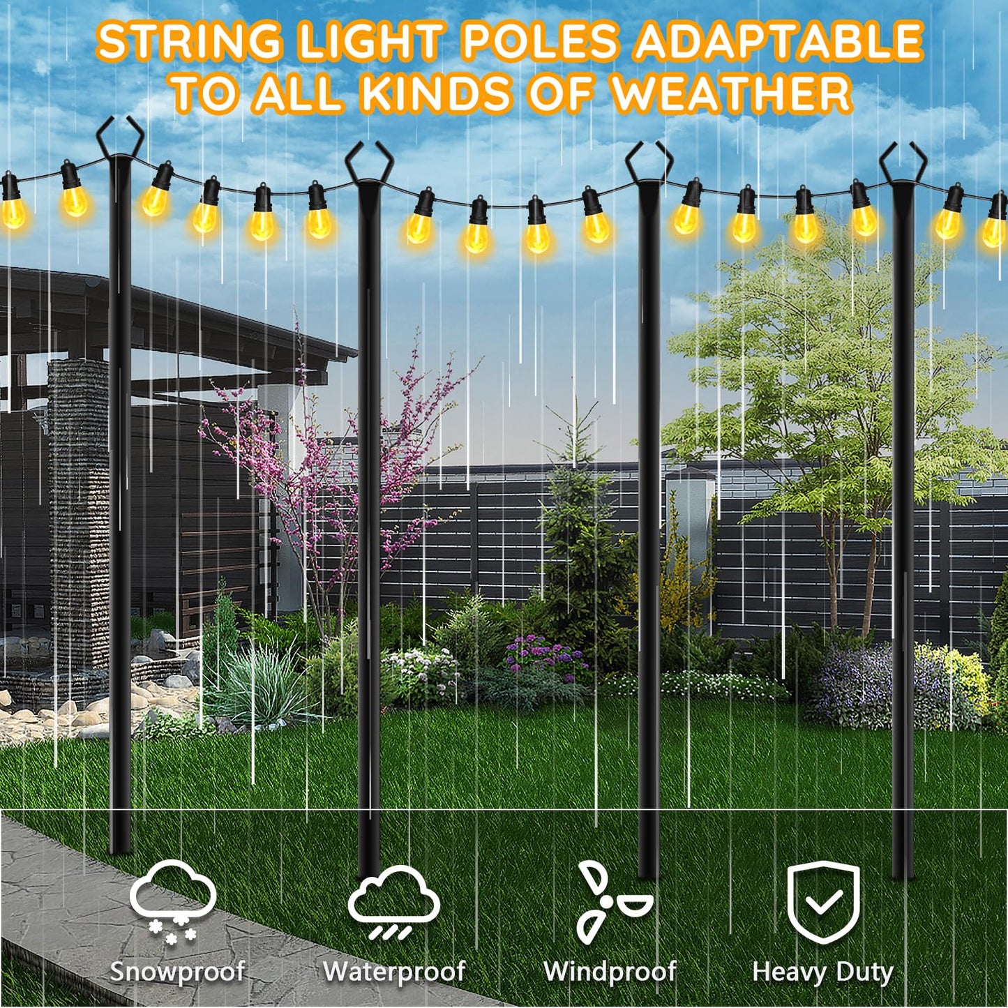 6-Pack 10 ft Outdoor String Light Poles – Forked Metal Stands with Hooks, Adjustable, Rustproof & Sturdy for Garden, Deck, Backyard, Wedding