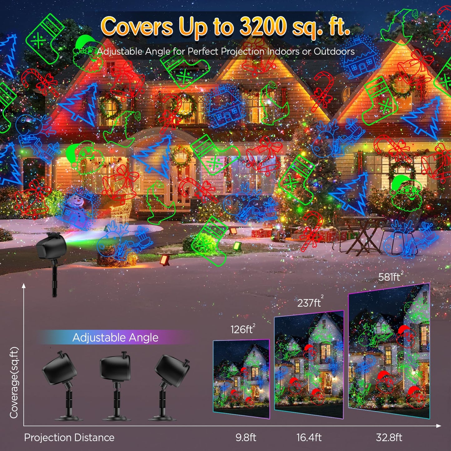 Christmas Lights Projector Outdoor, 2-in-1 Holiday Projector with 4 Slides & 8 HD RGB Moving Firefly Patterns for Yard & Garden