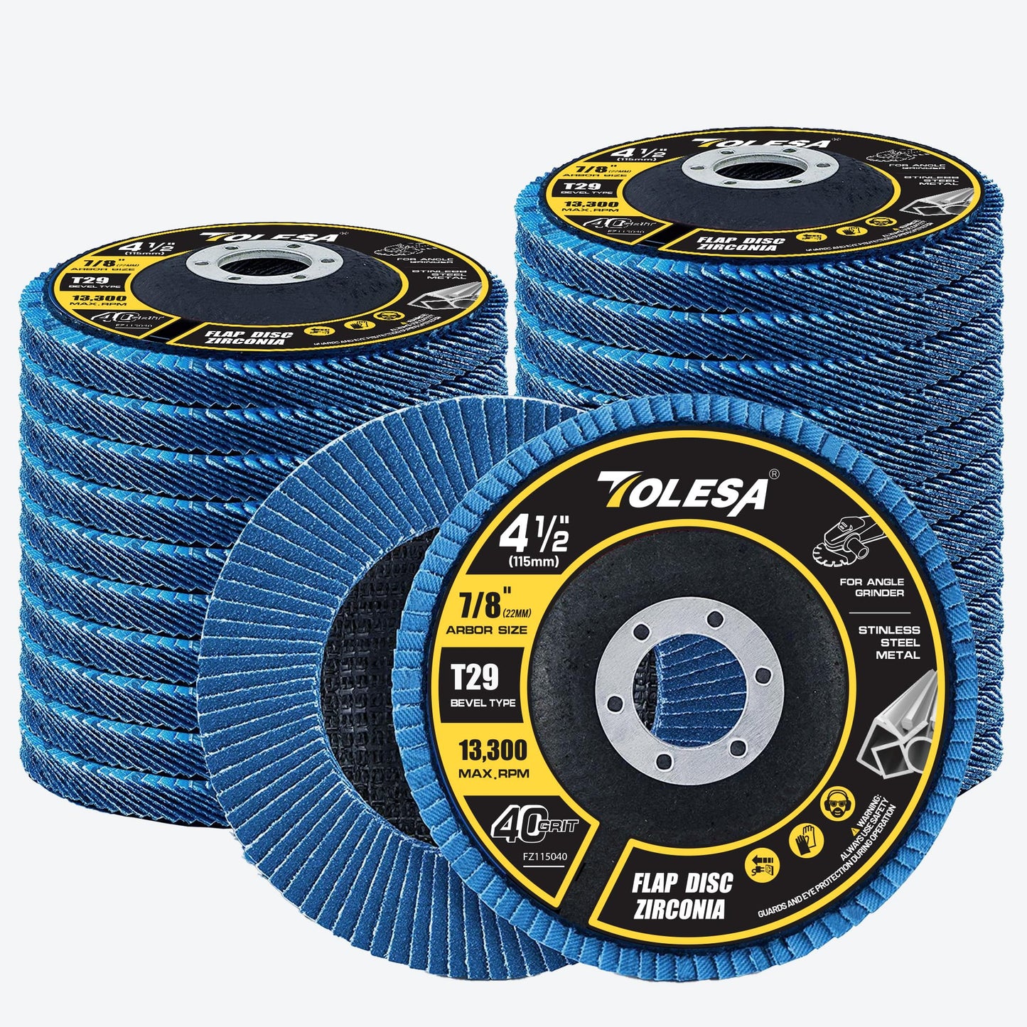 TOLESA 24-Pack 4½" Flap Discs, 40 Grit Type 29 Zirconia Grinding Wheels for Angle Grinder, Sheet Metal, Cast Iron & Stainless Steel