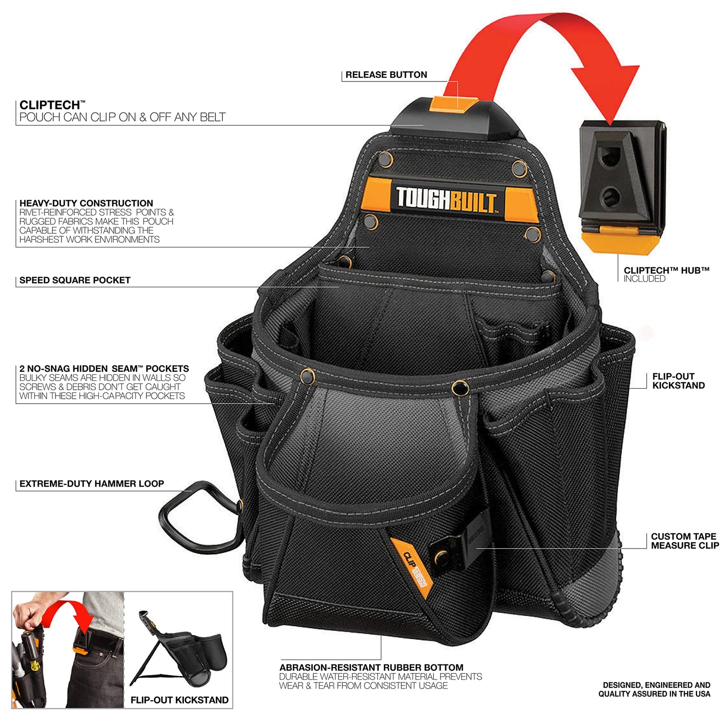 ToughBuilt Cliptech Series - Contractor Tool Pouch with Compact Jobsite Storage, Durable Construction, and Easy-Access Organization for Daily Professional Use (TB-CT-01)