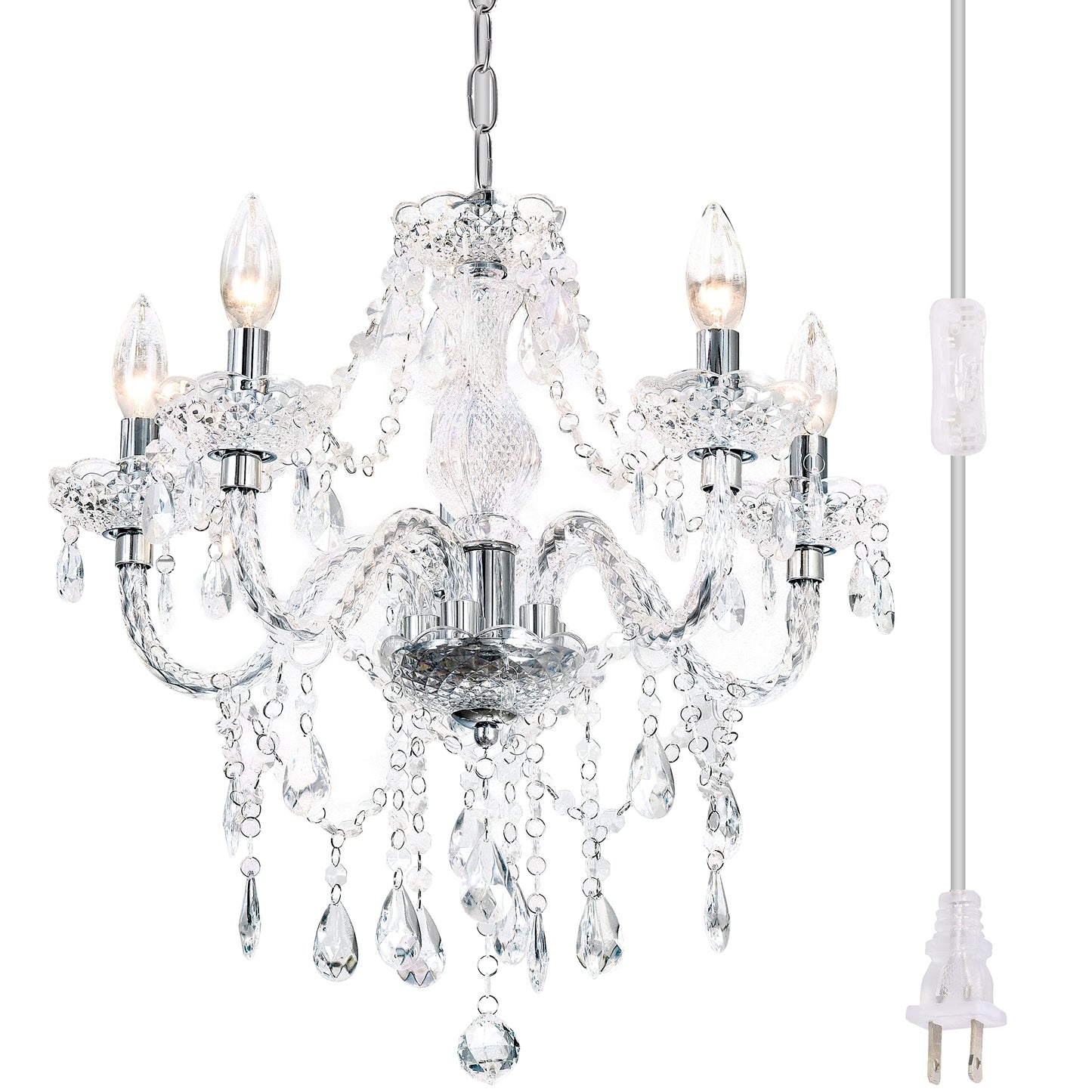 PAPAYA 5-Light Crystal Pendant Chandelier, Acrylic Hanging Light with Clear Cord & Switch, 19"H x 19.7"D, for Kitchen, Dining, Bedroom