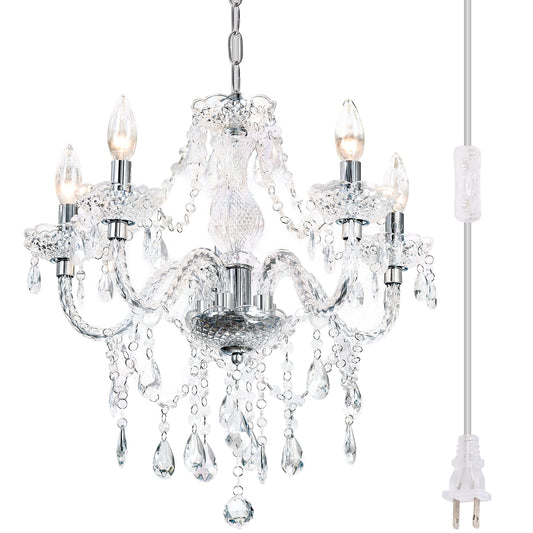 PAPAYA 5-Light Crystal Pendant Chandelier, Acrylic Hanging Light with Clear Cord & Switch, 19"H x 19.7"D, for Kitchen, Dining, Bedroom