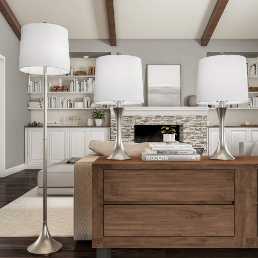 3-Piece Floor and Table Lamp Set - Mid-Century Modern Metal Lamps with Flared Trumpet Base and Energy Saving LED Light Bulbs by Lavish Home (Silver)