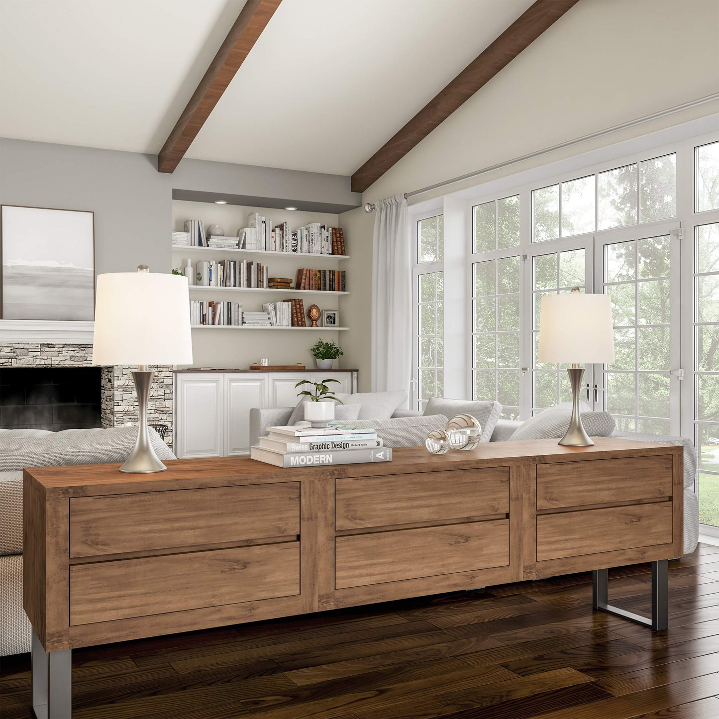 Table Lamps - Set of 2 Mid-Century Modern Lights with Metal Flared Trumpet Base - Includes Energy Efficient LED Light Bulbs by Lavish Home (Silver)