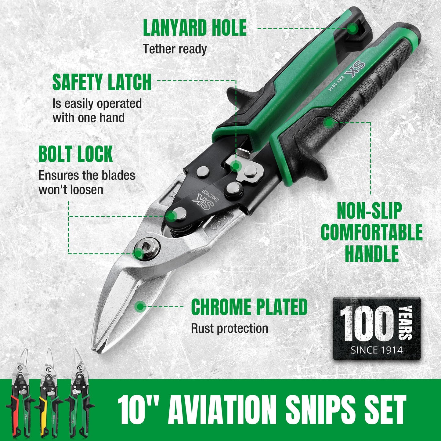 SK Aviation Tin Snips Set, Left, Right and Straight Cut, Cr-Mo Steel Blade, Anti-slip Handle and Safety Latch, for Cutting Sheet Metal