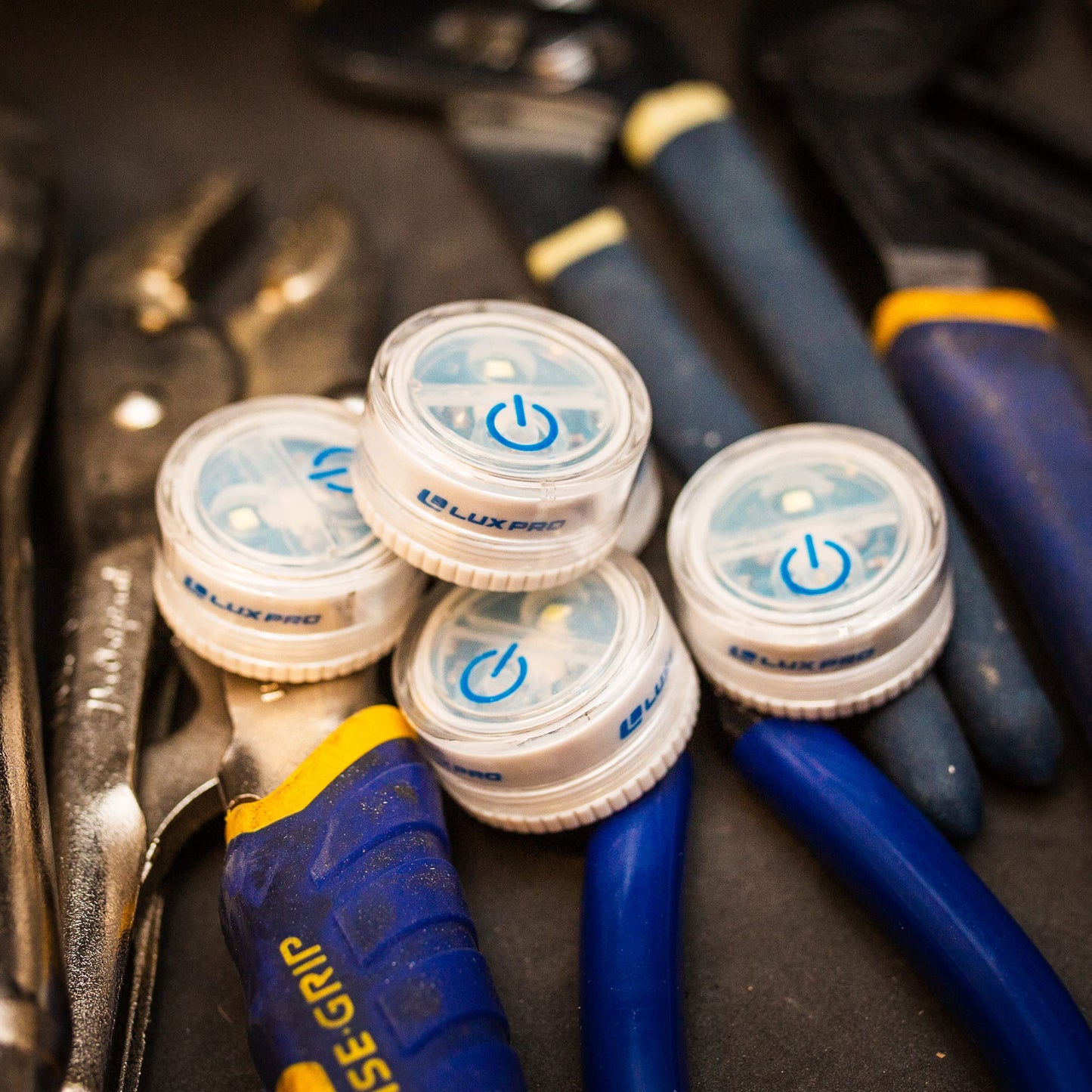 LUXPRO 5-Pack Waterproof Micro LED Puck Lights – Battery Powered Tap Lights with Adhesive, Perfect for Cabinets, Bookcases & Tackle Boxes