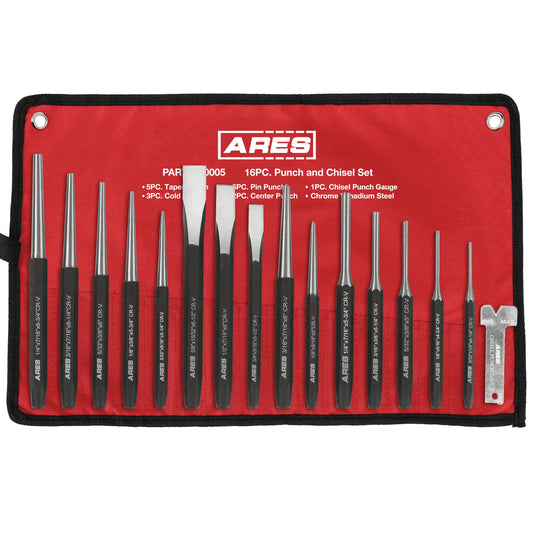 ARES 50005-16-Piece Punch and Chisel Set - Tapered, Pin, Center Punches & Cold Chisels for Various Applications