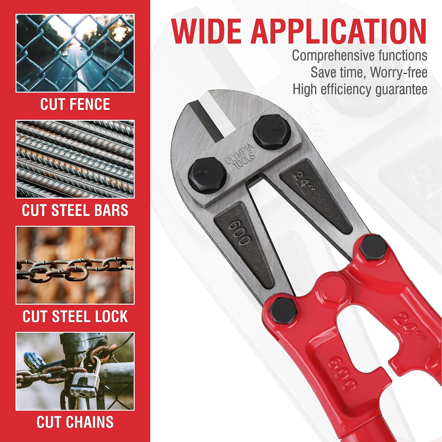 Olympia Tools 24" Bolt Cutter with Drop Forged Alloy Steel and Ergonomic Grip Rubber Handles for for Cutting Fence, Steel Wire, Chain, Screws, Rivet